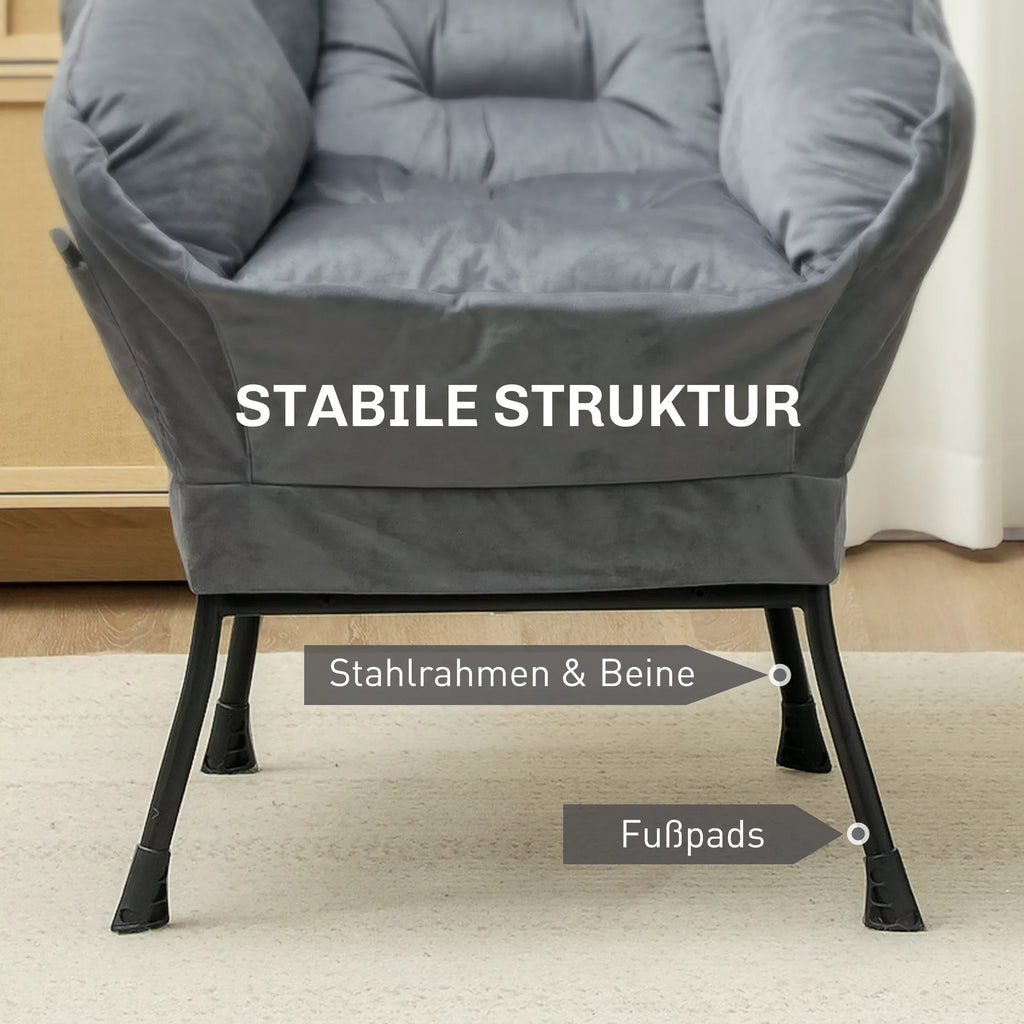 Modernus akcentinis krėslas, minkštas krėslas su plieninėmis kojomis ir šoninėmis kišenėmis, skirtas svetainei, miegamajam, pilkos spalvos.