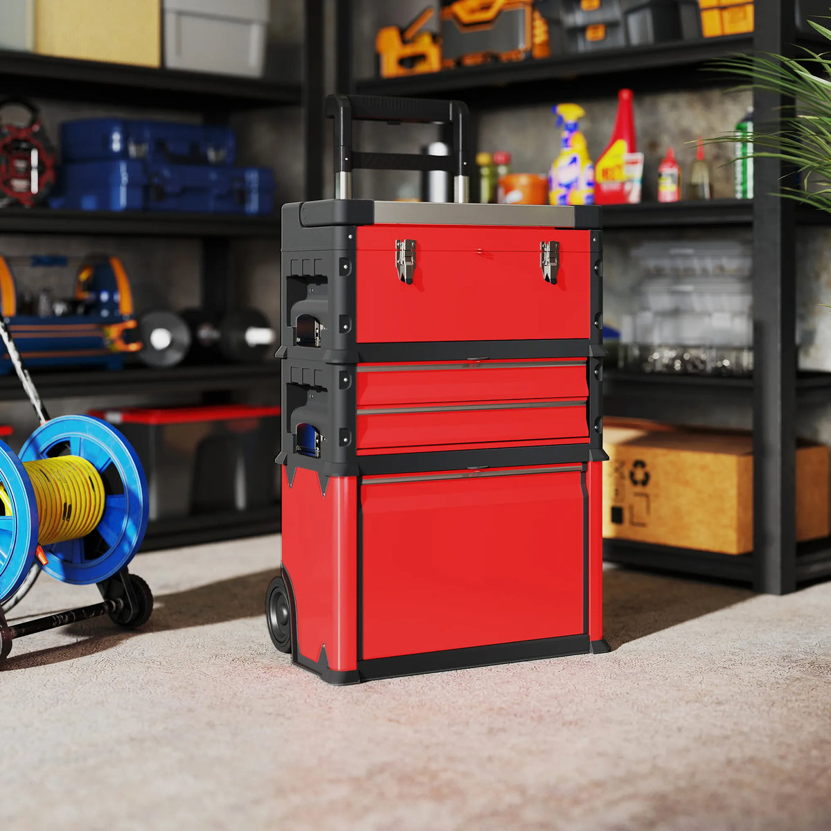 Įrankių dėžių komplektas su ratukais, 3 dalių, raudonas