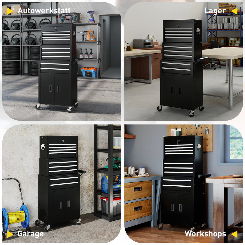 Įrankių vežimėlis 3-in-1 su 9 stalčiais ir spintele, juodas, plieninis