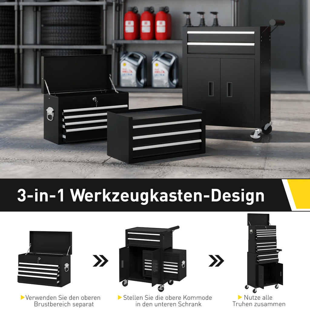 Įrankių vežimėlis 3-in-1 su 9 stalčiais ir spintele, juodas, plieninis