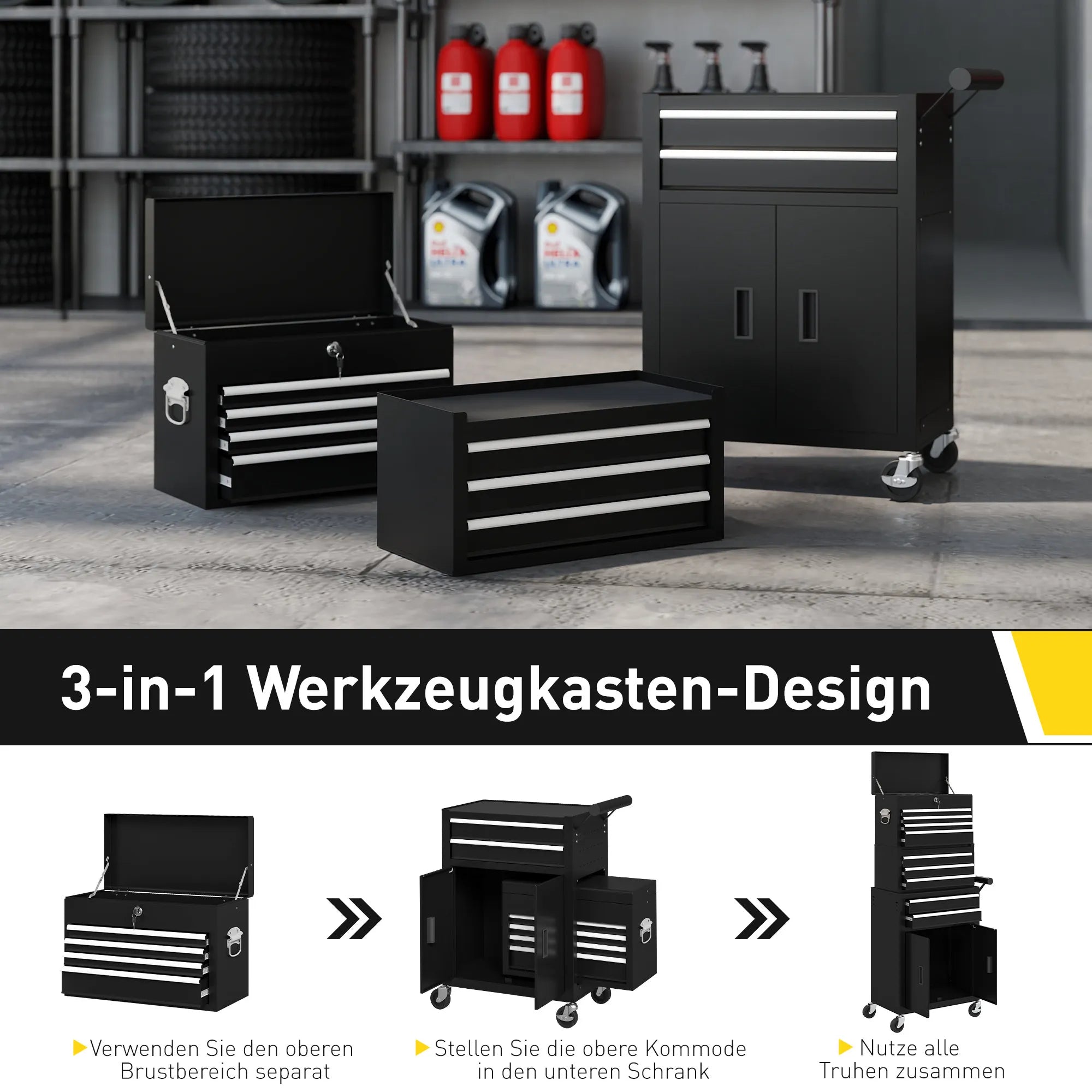 Įrankių vežimėlis 3-in-1 su 9 stalčiais ir spintele, juodas, plieninis