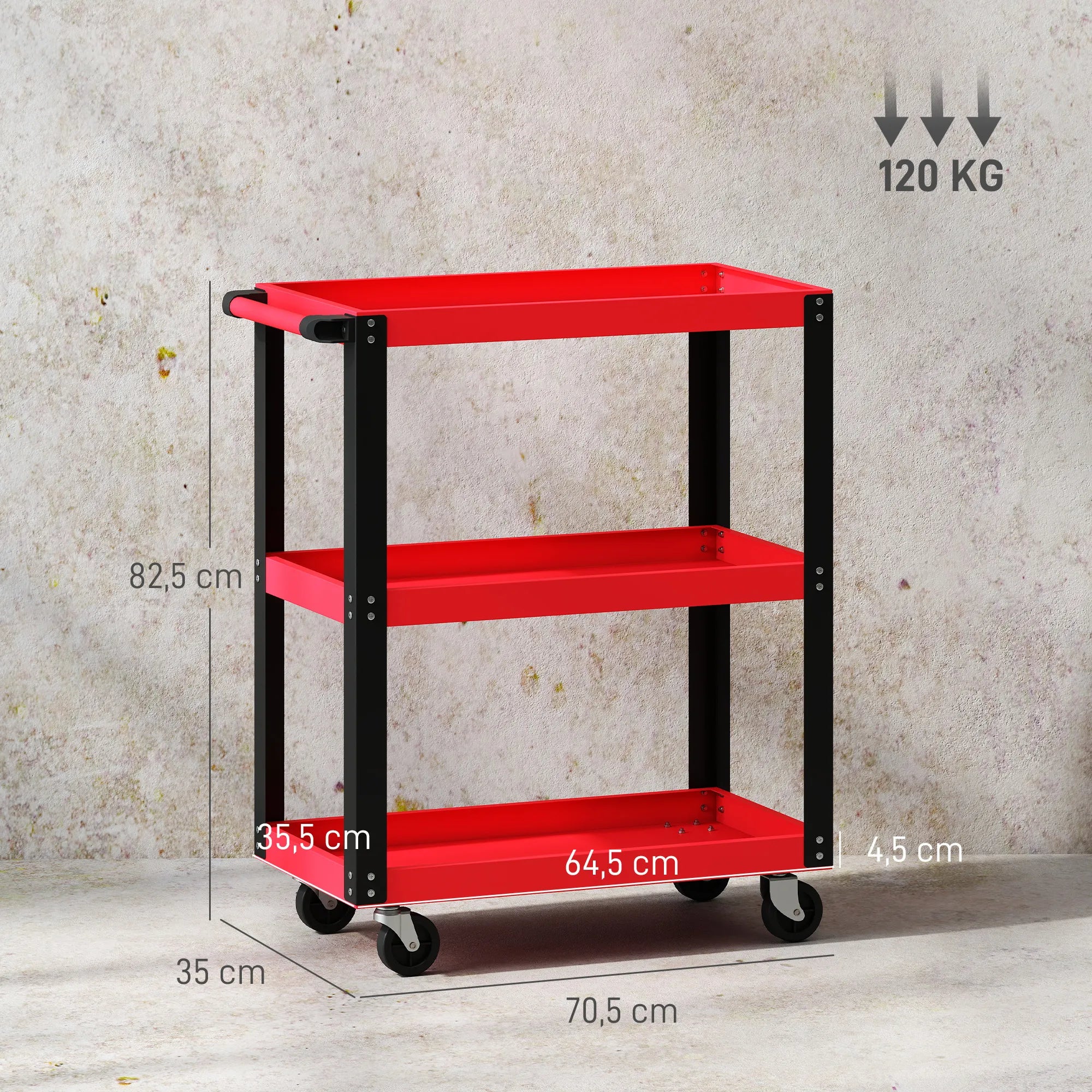 Įrankių vežimėlis su 3 lentynomis, metalinis, iki 120 kg, raudonas