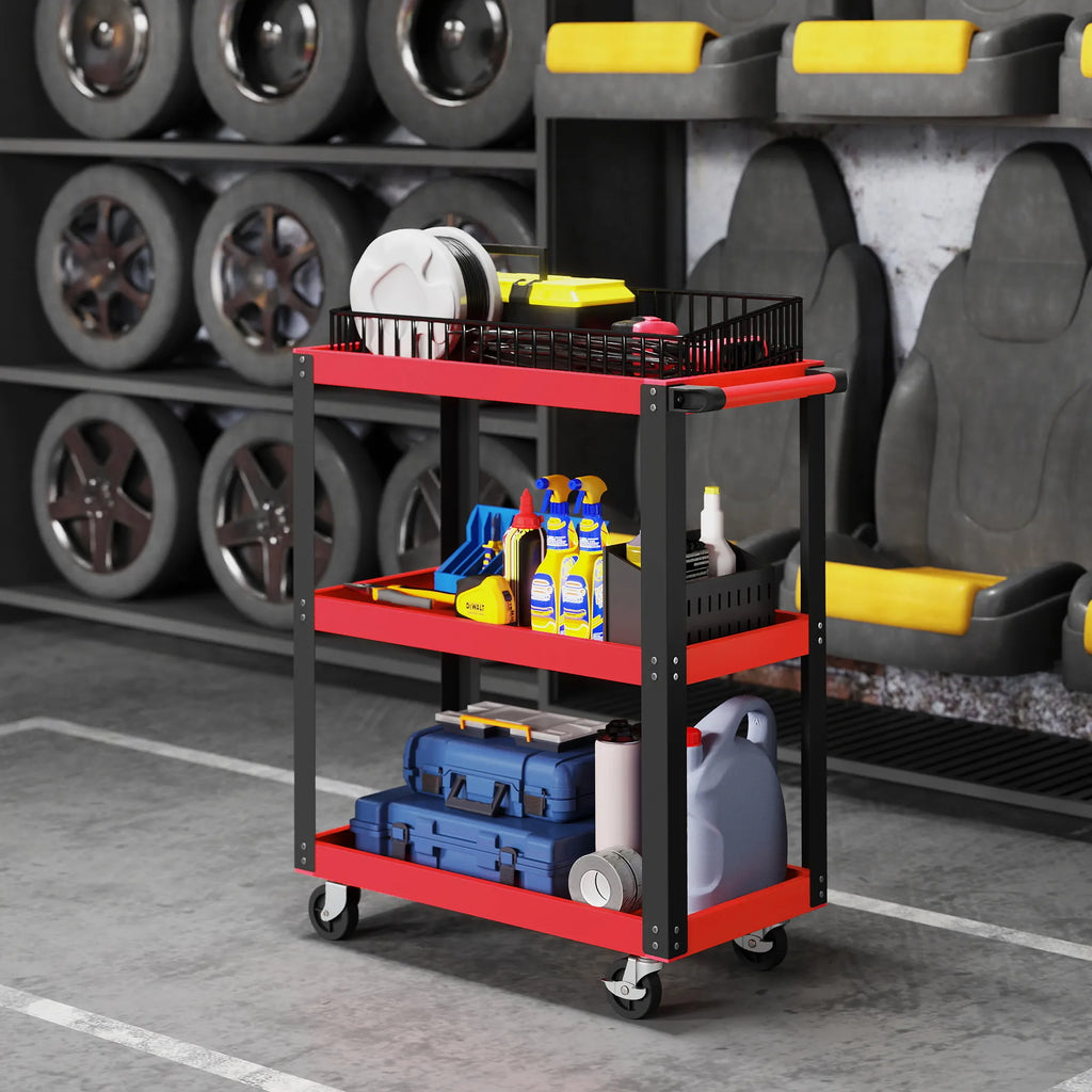 Įrankių vežimėlis su 3 lentynomis, metalinis, iki 120 kg, raudonas