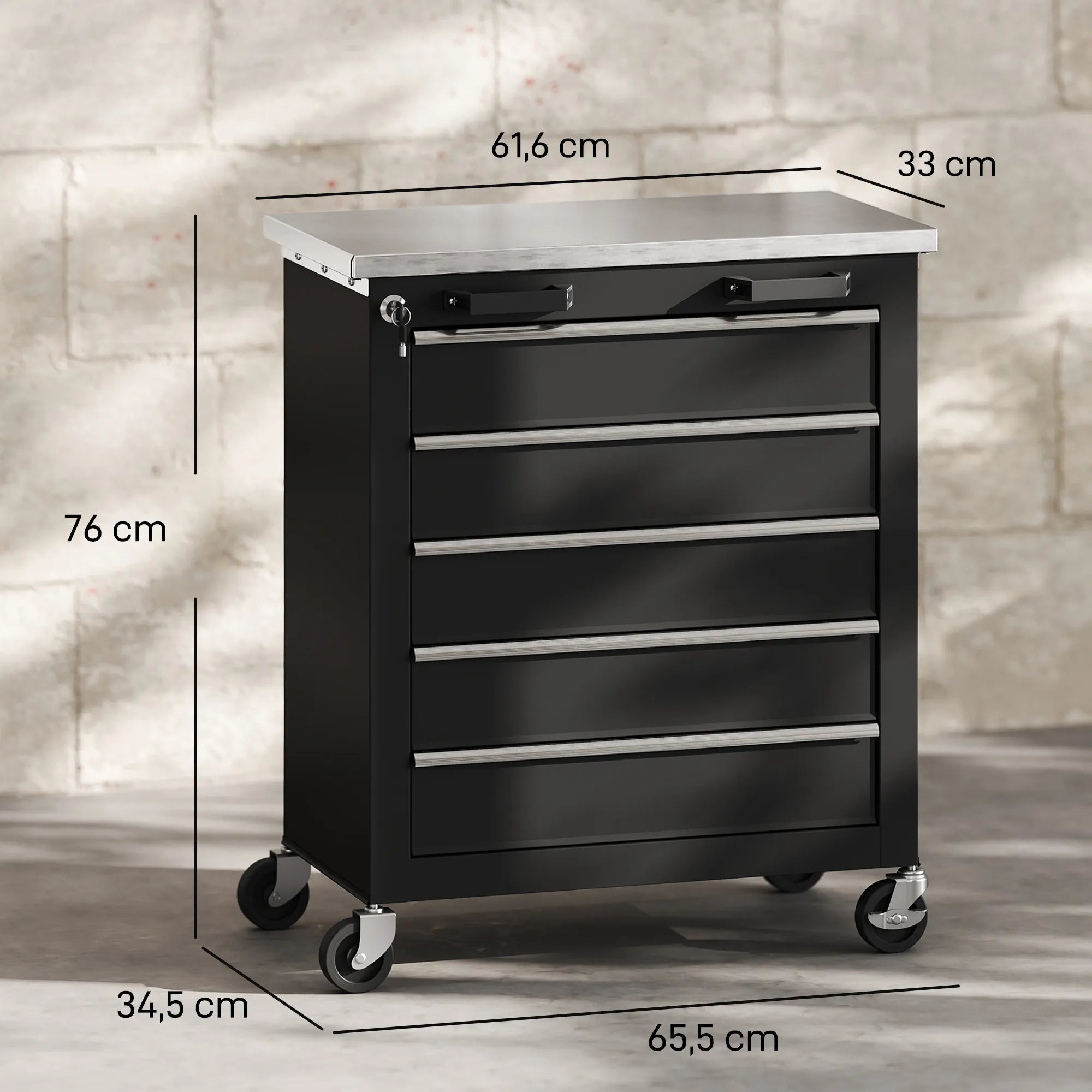 Įrankių vežimėlis su 5 stalčiais, 65,5 x 34,5 x 76 cm, juodas