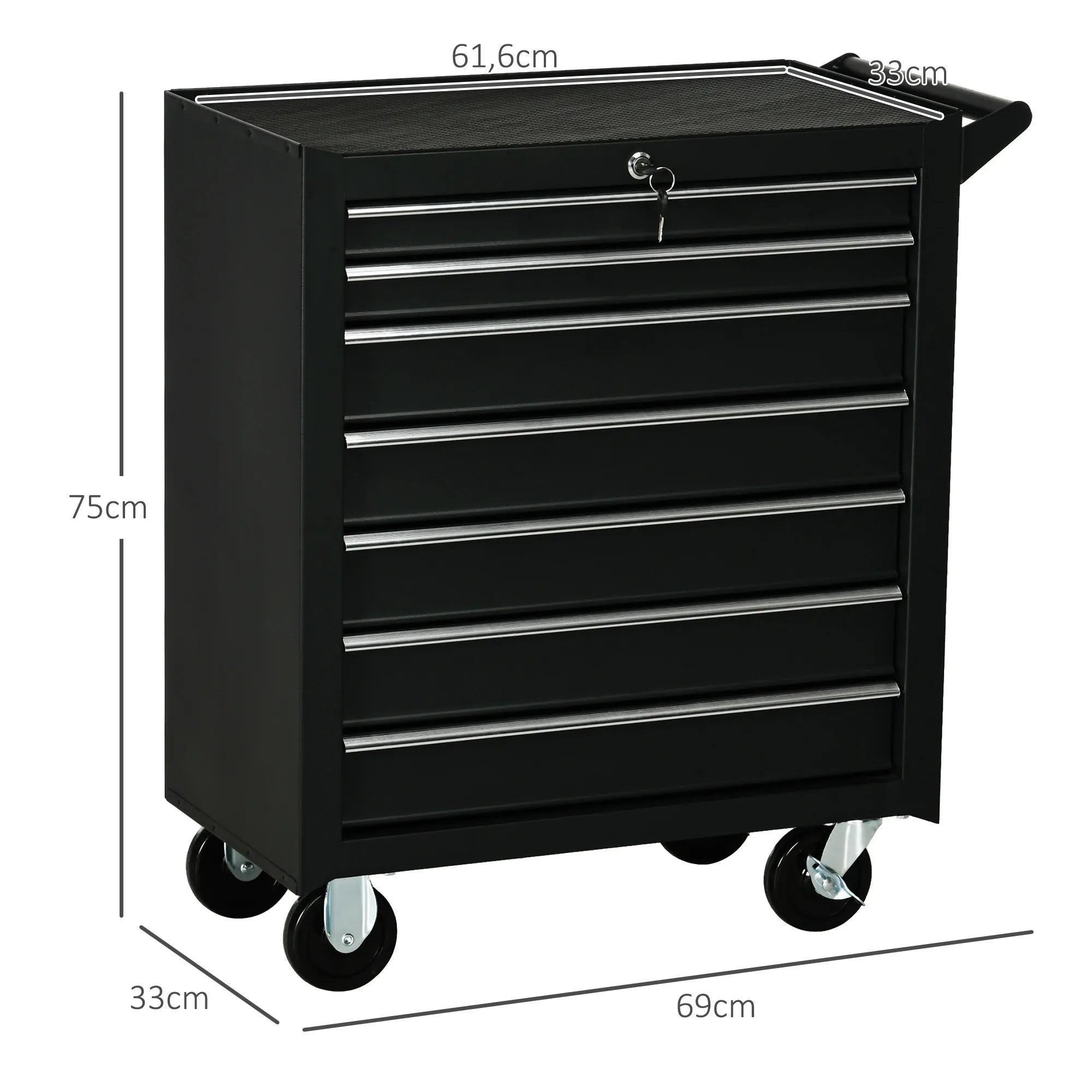 Įrankių vežimėlis su 7 stalčiais plieninis 150 kg 69x33x75 cm juodas
