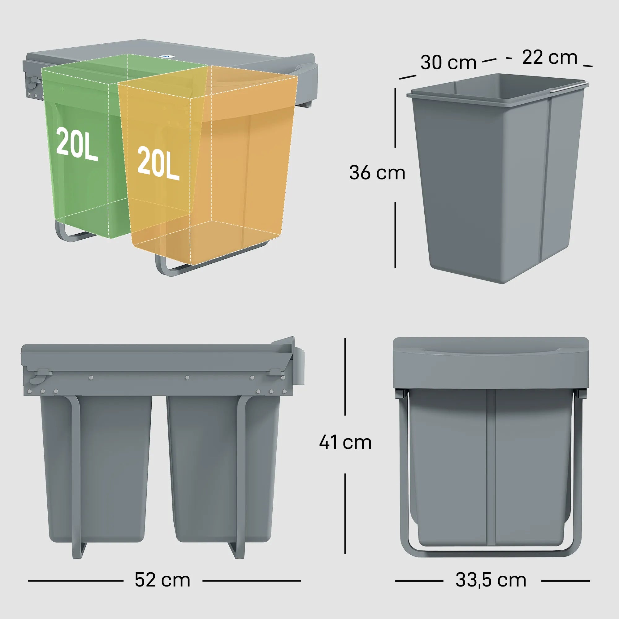 Išimamas šiukšlių konteineris, 2 x 20 l, išimami konteineriai, plastikas, metalas, pilkos spalvos