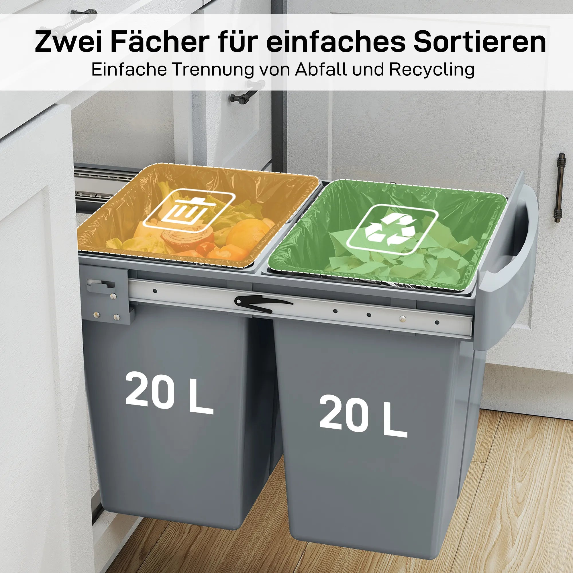 Išimamas šiukšlių konteineris, 2 x 20 l, išimami konteineriai, plastikas, metalas, pilkos spalvos