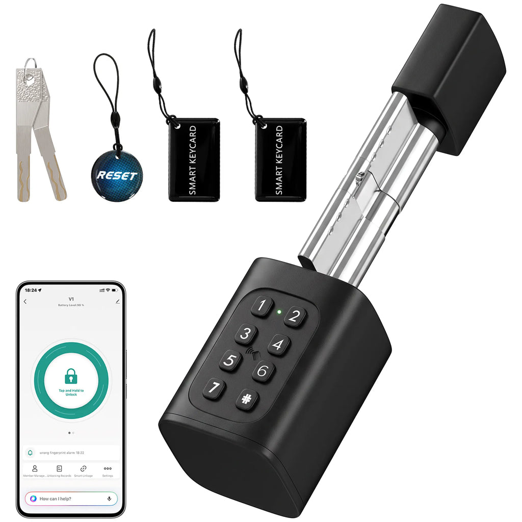 Išmanus durų cilindras 5 viename: piršto atspaudas, kodas, programėlė, NFC