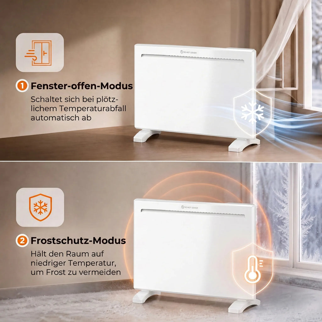 Išmanusis panelinis šildytuvas, 1500 W, pastatomas arba tvirtinamas prie sienos, baltas