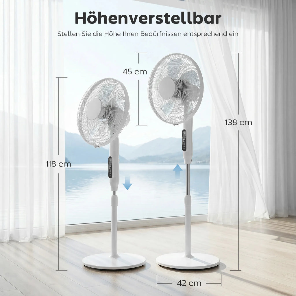 Išmanusis pastatomas ventiliatorius su nuotolinio valdymo pulteliu baltas