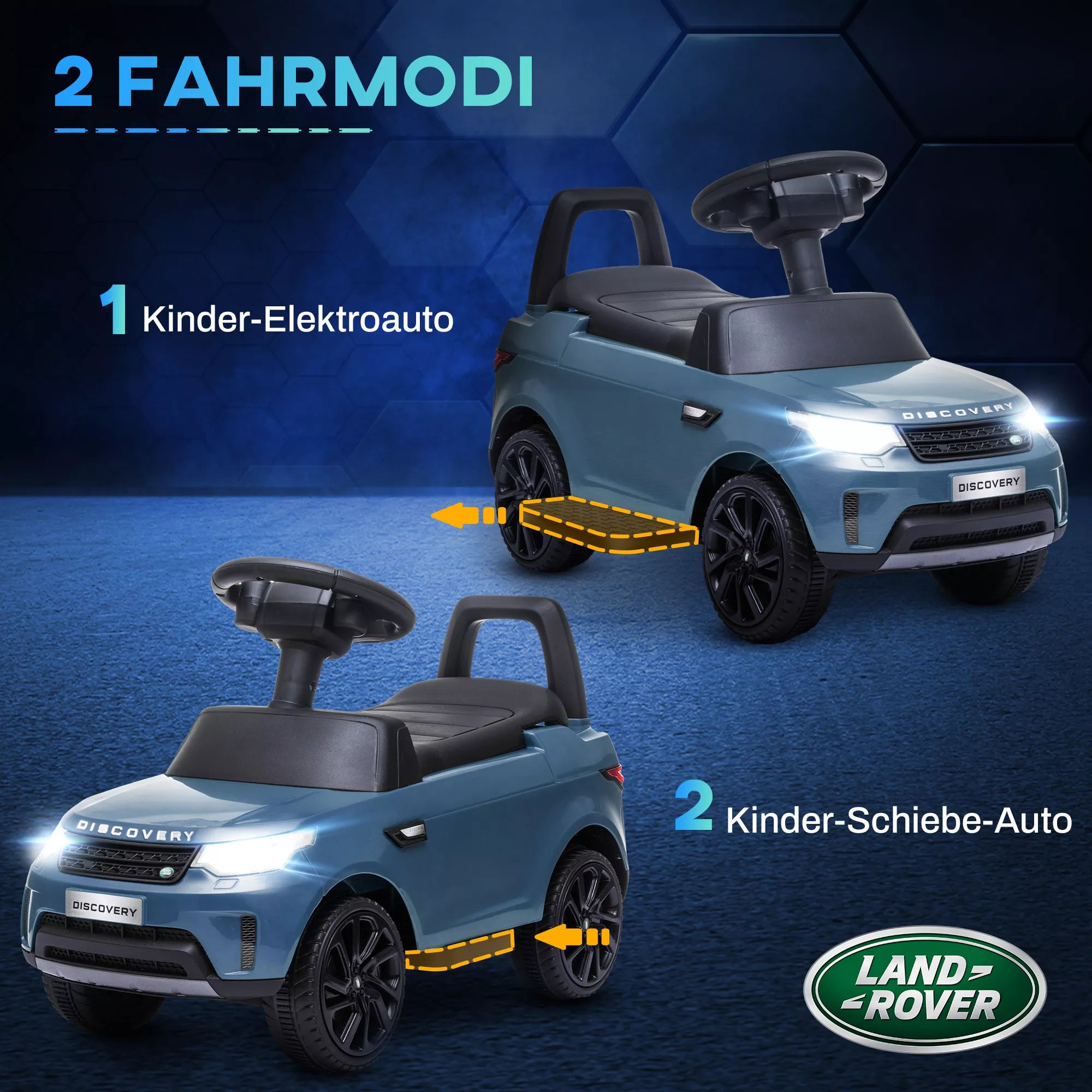 Elektrinis vaikų automobilis 6 V, „Land Rover“, važiavimo/stumimo režimas, žibintai, muzika, šviesiai mėlynos spalvos