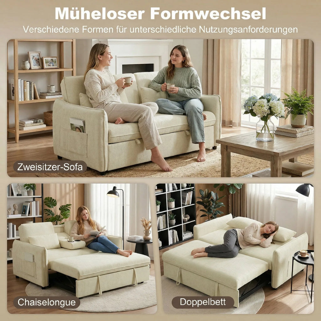 Trys sofos formos: dvivietė sofa, gulimas krėslas ir dvigulė lova su moterimis