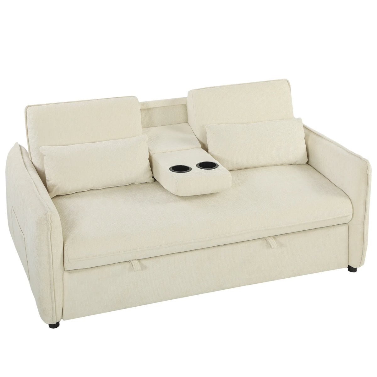 Smėlinė išskleidžiama sofa-lova su dviem puodelių laikikliais per vidurį