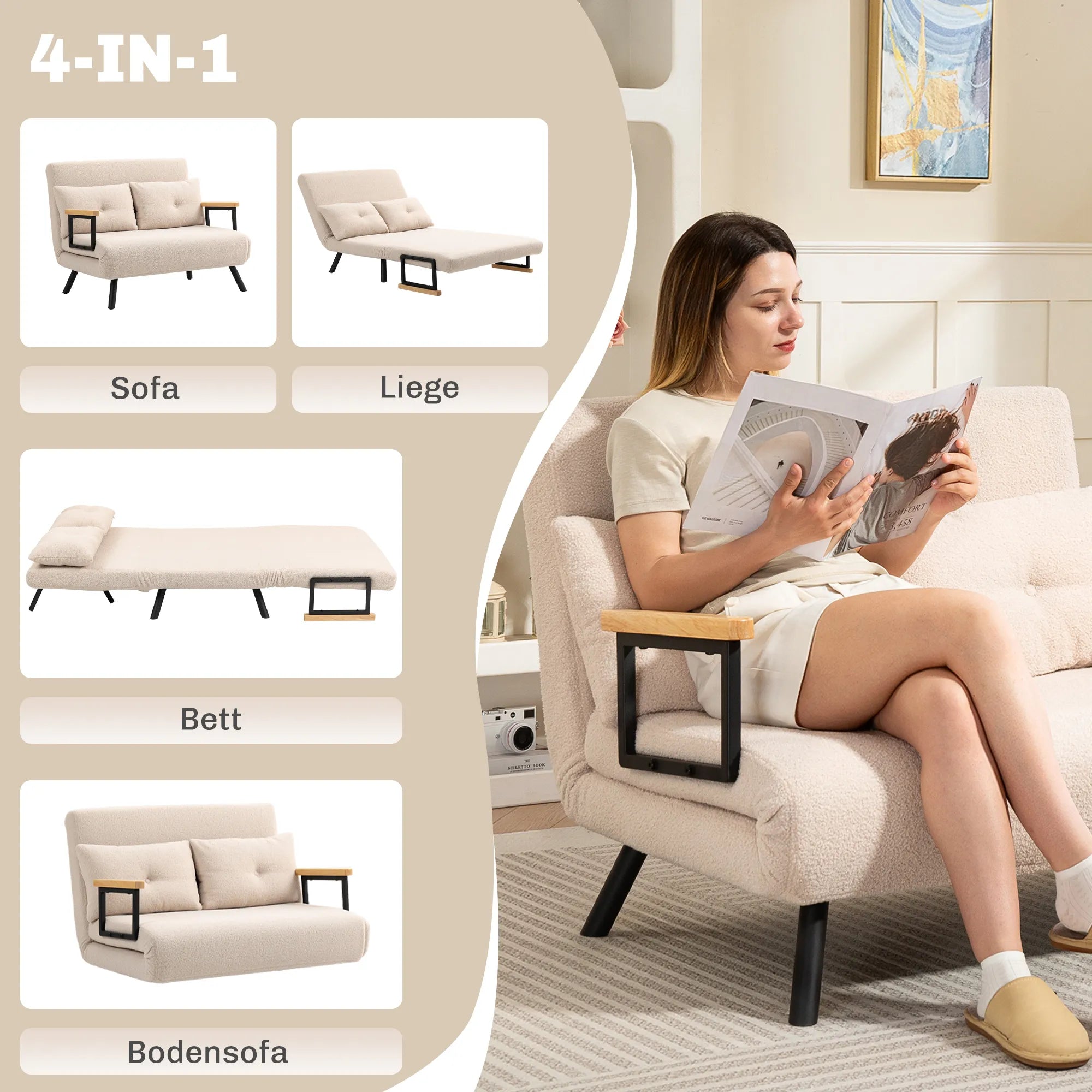 Išskleidžiama sofa-lova, reguliuojama, smėlio spalvos