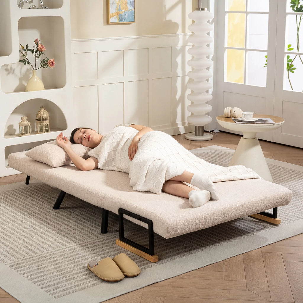 Išskleidžiama sofa-lova, reguliuojama, smėlio spalvos
