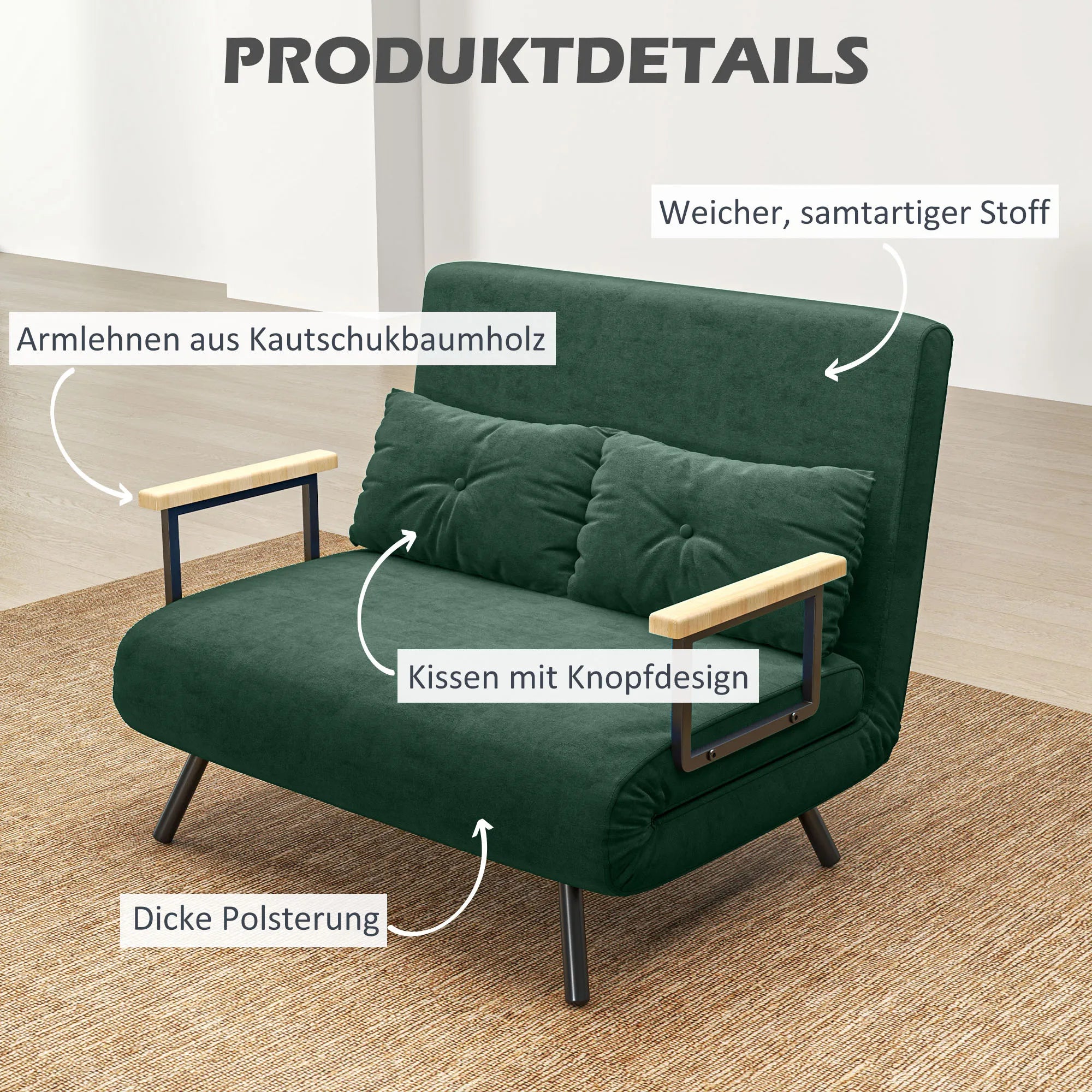 Išskleidžiama sofa-lova su 2 pagalvėmis, žalia