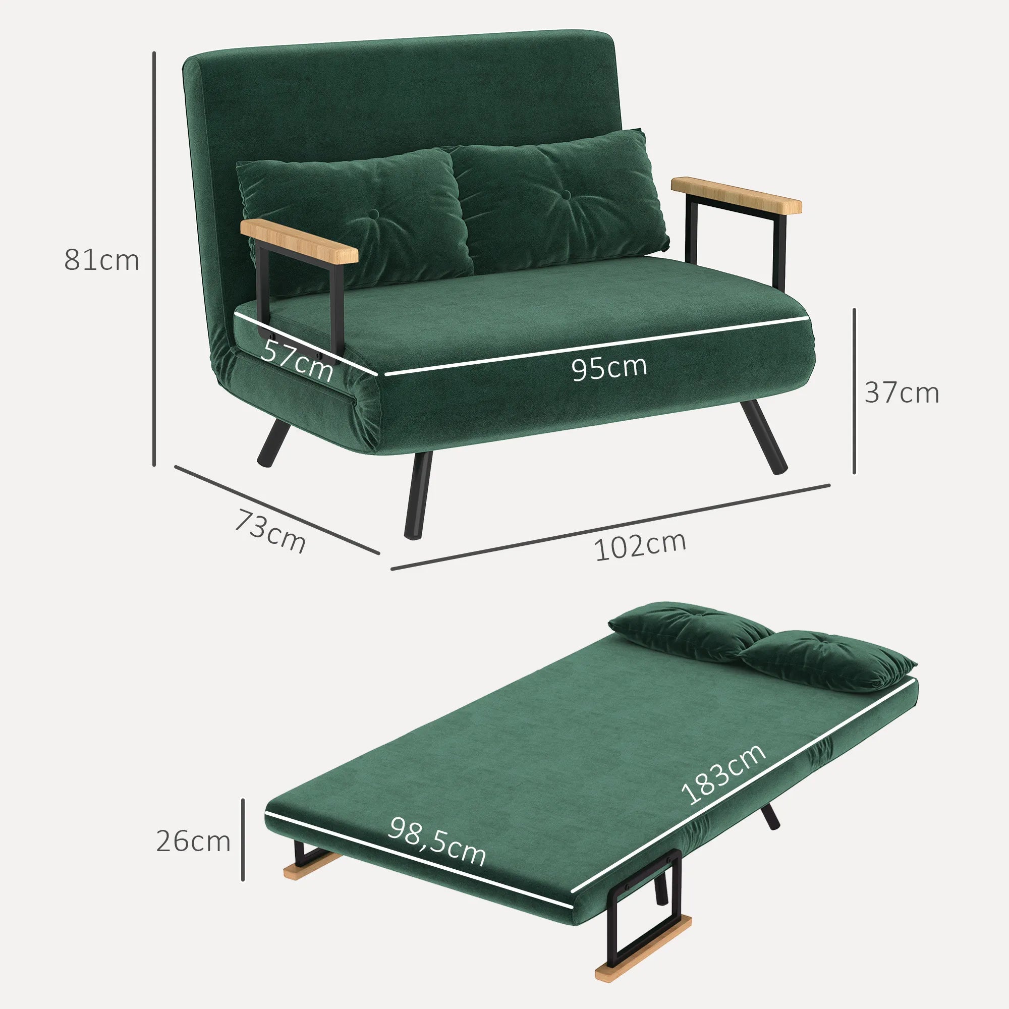 Išskleidžiama sofa-lova su 2 pagalvėmis, žalia