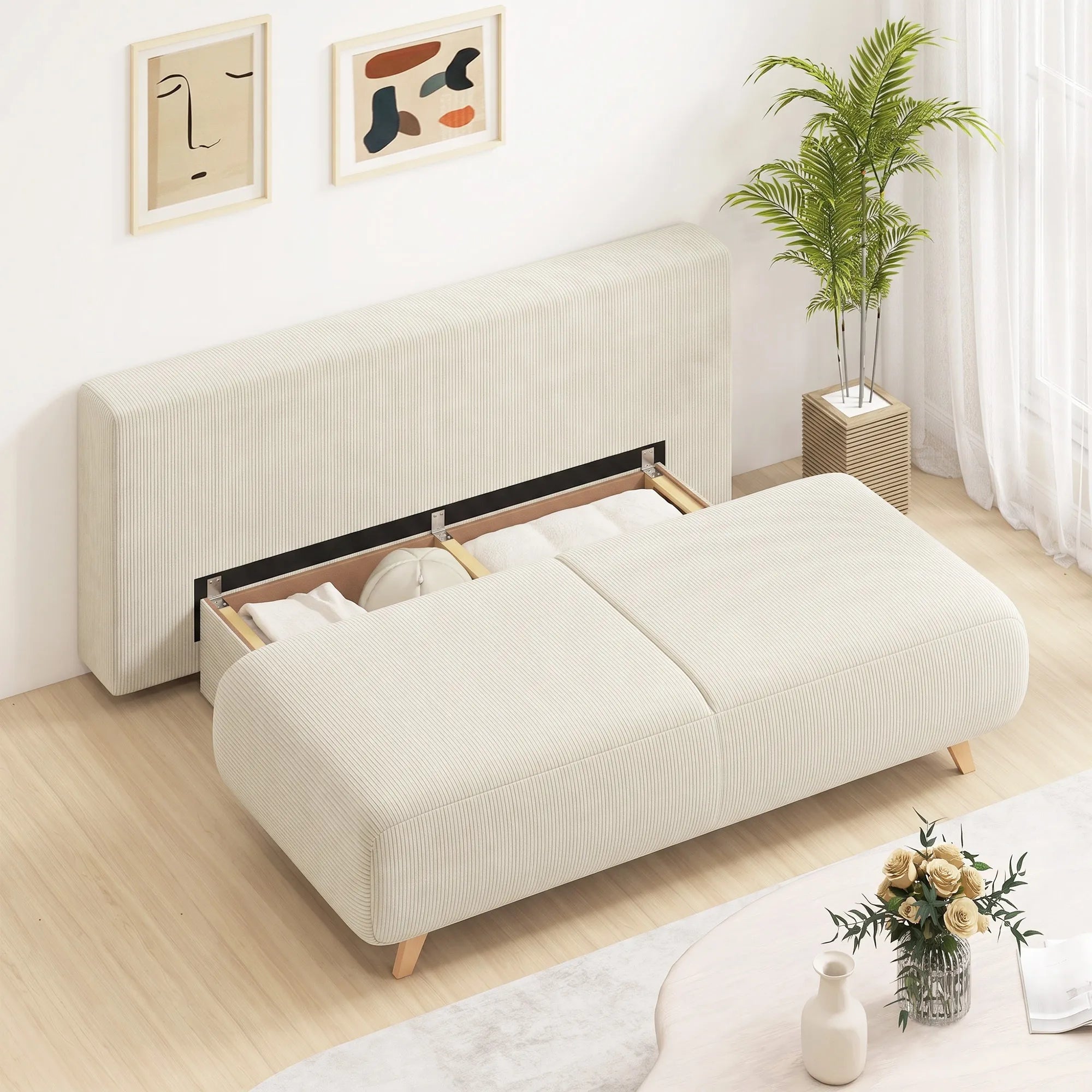 Išskleidžiama sofa-lova su patalynės dėže, smėlio spalvos