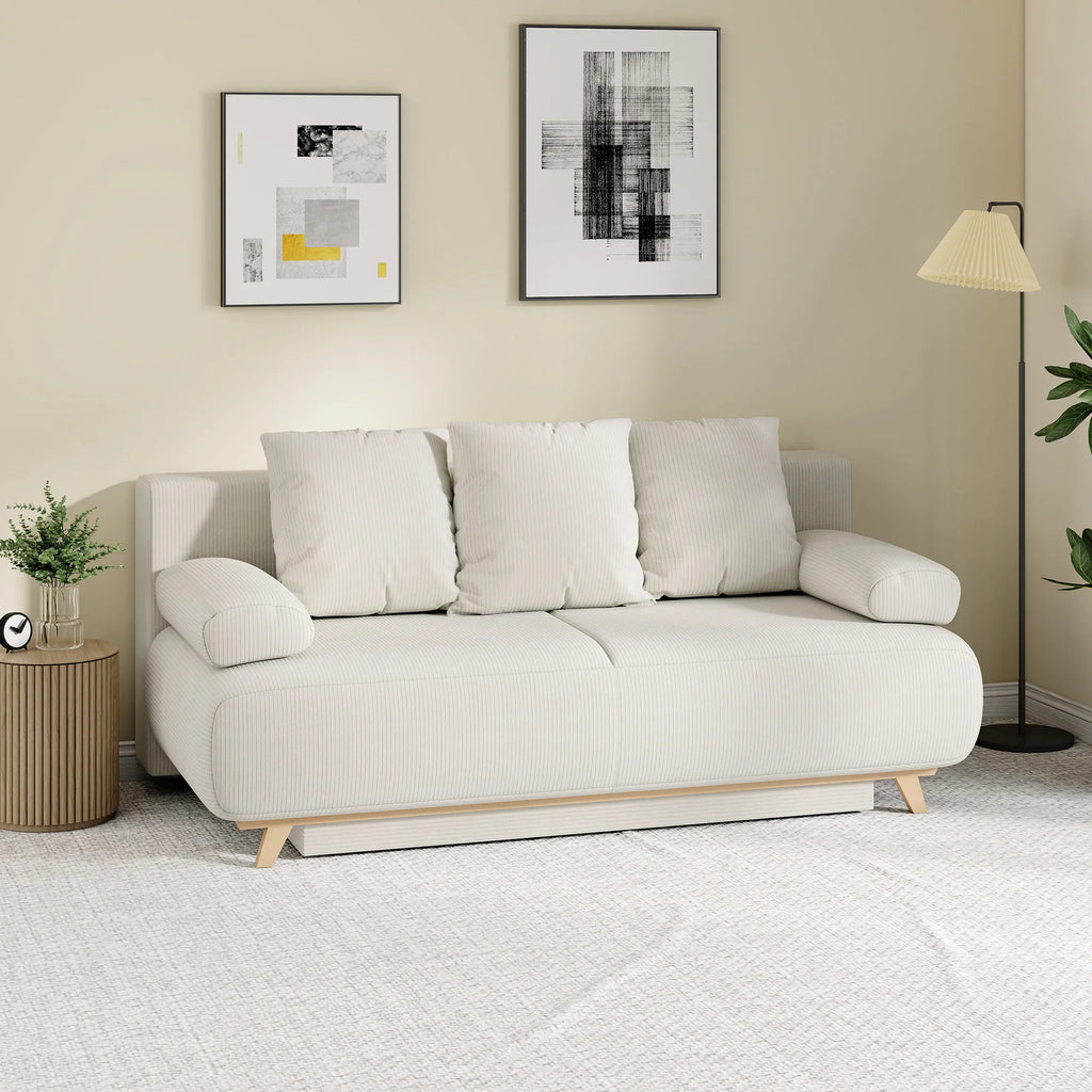 Išskleidžiama sofa-lova su patalynės dėže, smėlio spalvos