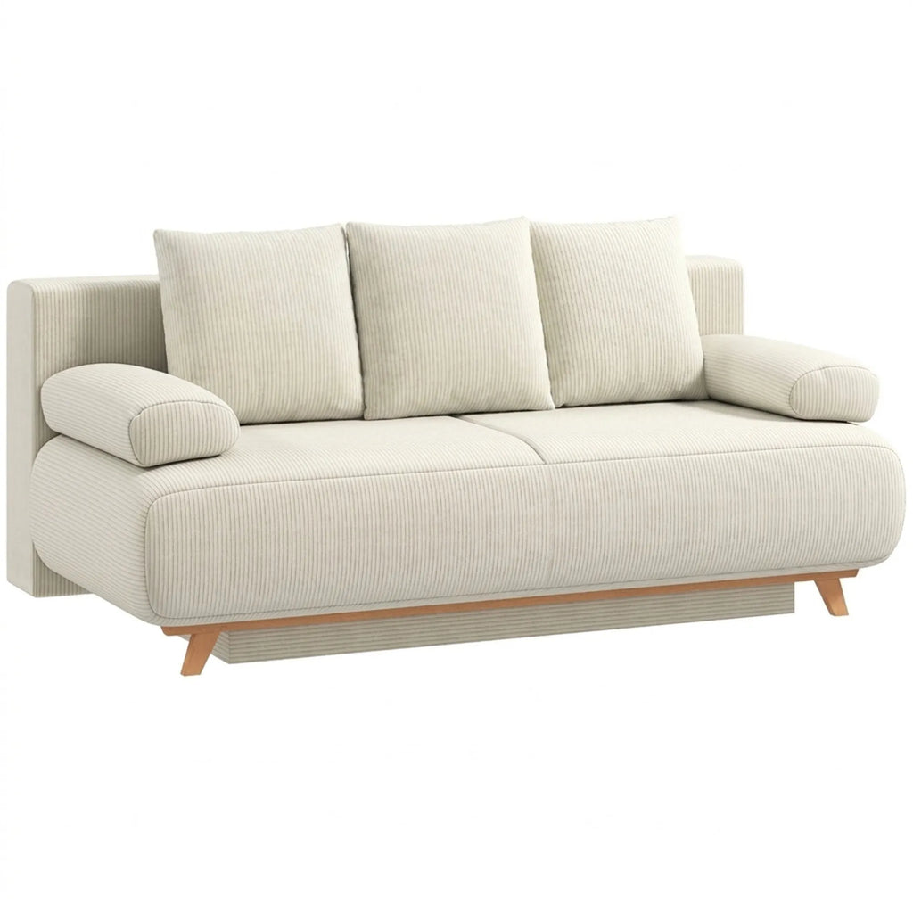 Išskleidžiama sofa-lova su patalynės dėže, smėlio spalvos
