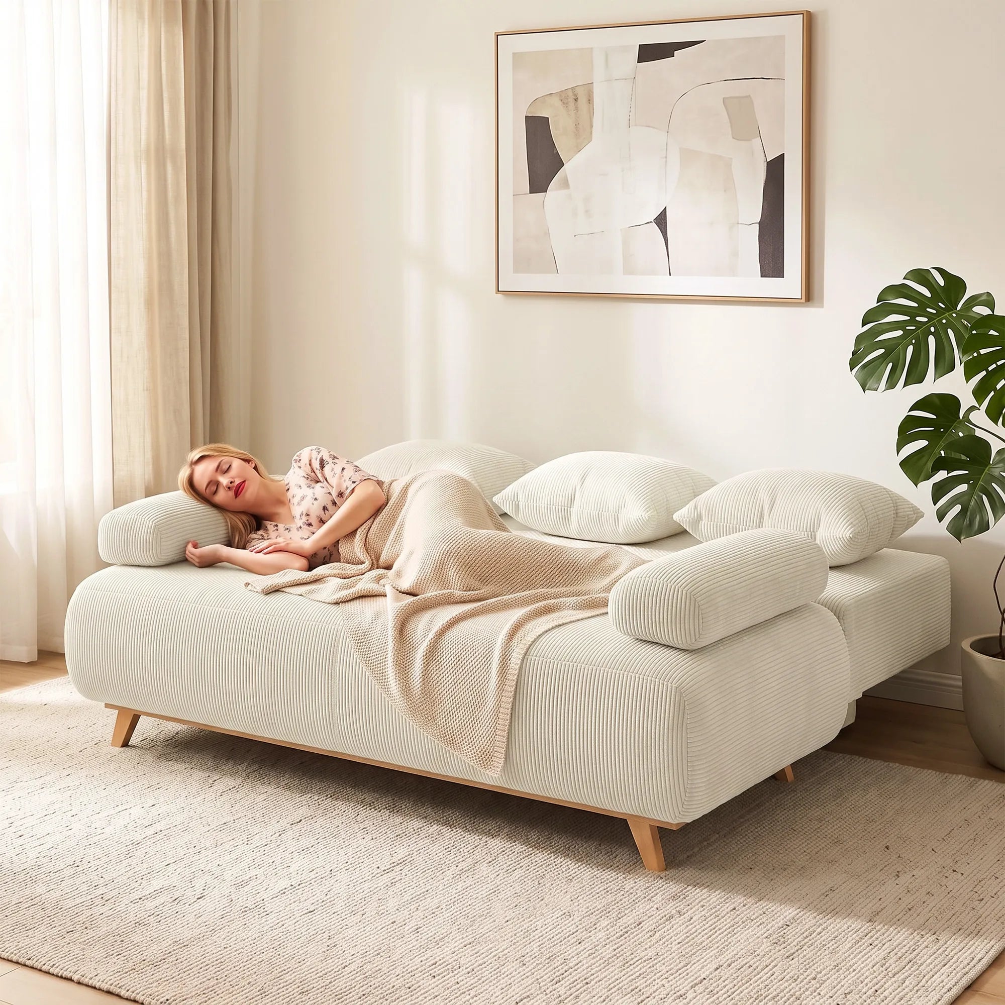 Išskleidžiama sofa-lova su patalynės dėže, smėlio spalvos