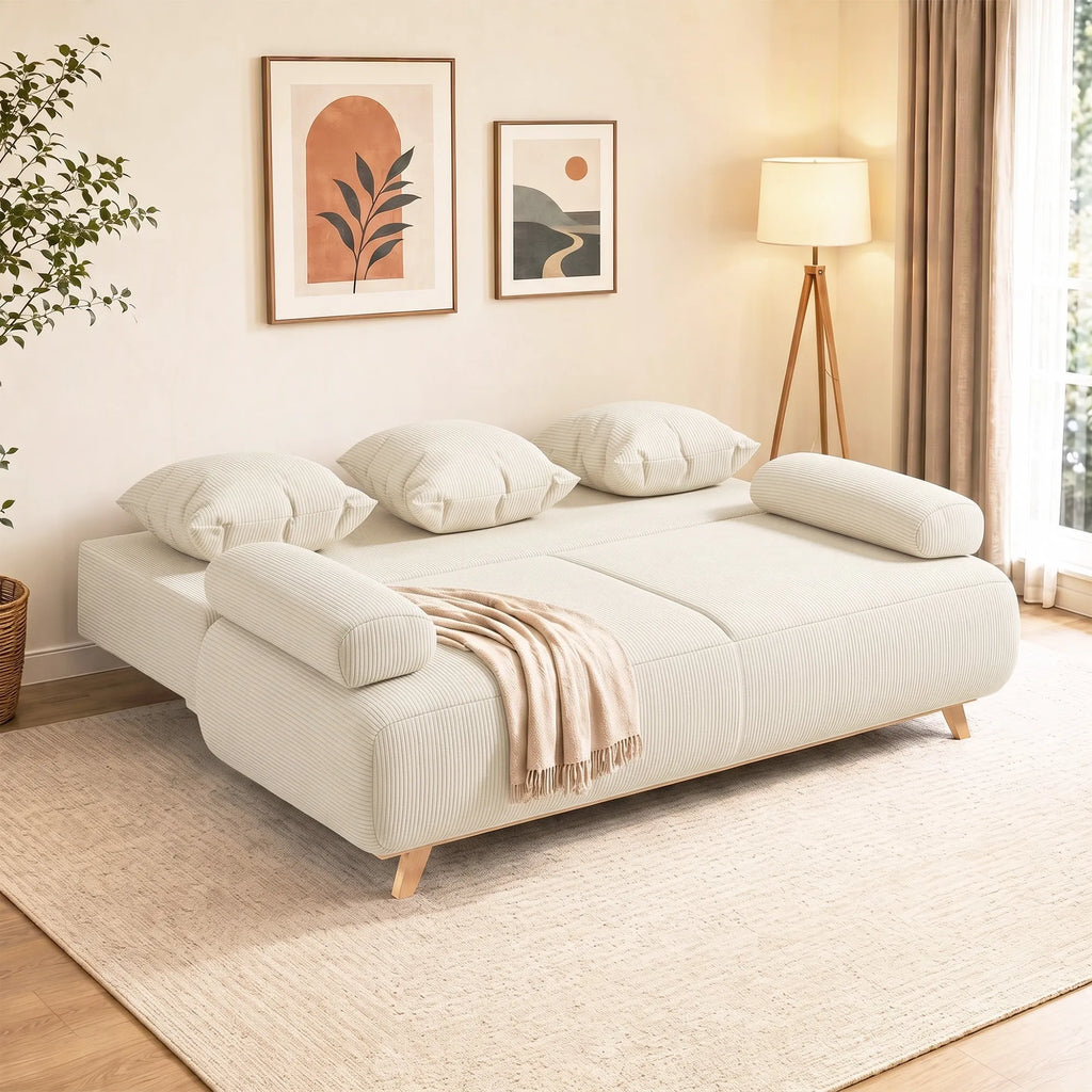 Išskleidžiama sofa-lova su patalynės dėže, smėlio spalvos