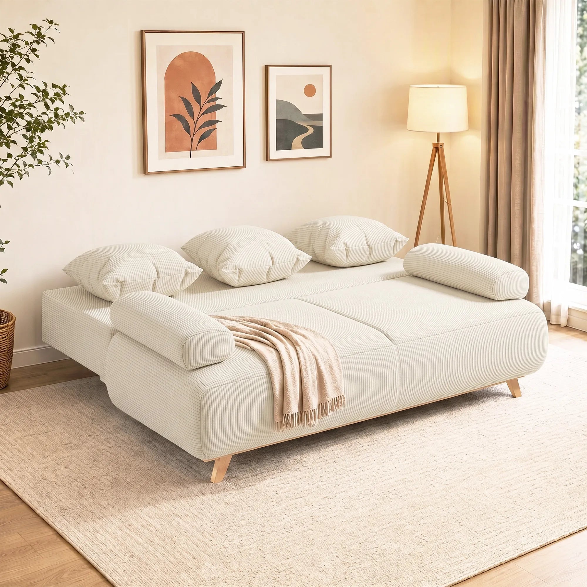 Išskleidžiama sofa-lova su patalynės dėže, smėlio spalvos