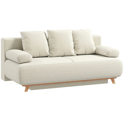 Smėlio spalvos velvetinė sofa-lova su minkštais porankiais baltame fone