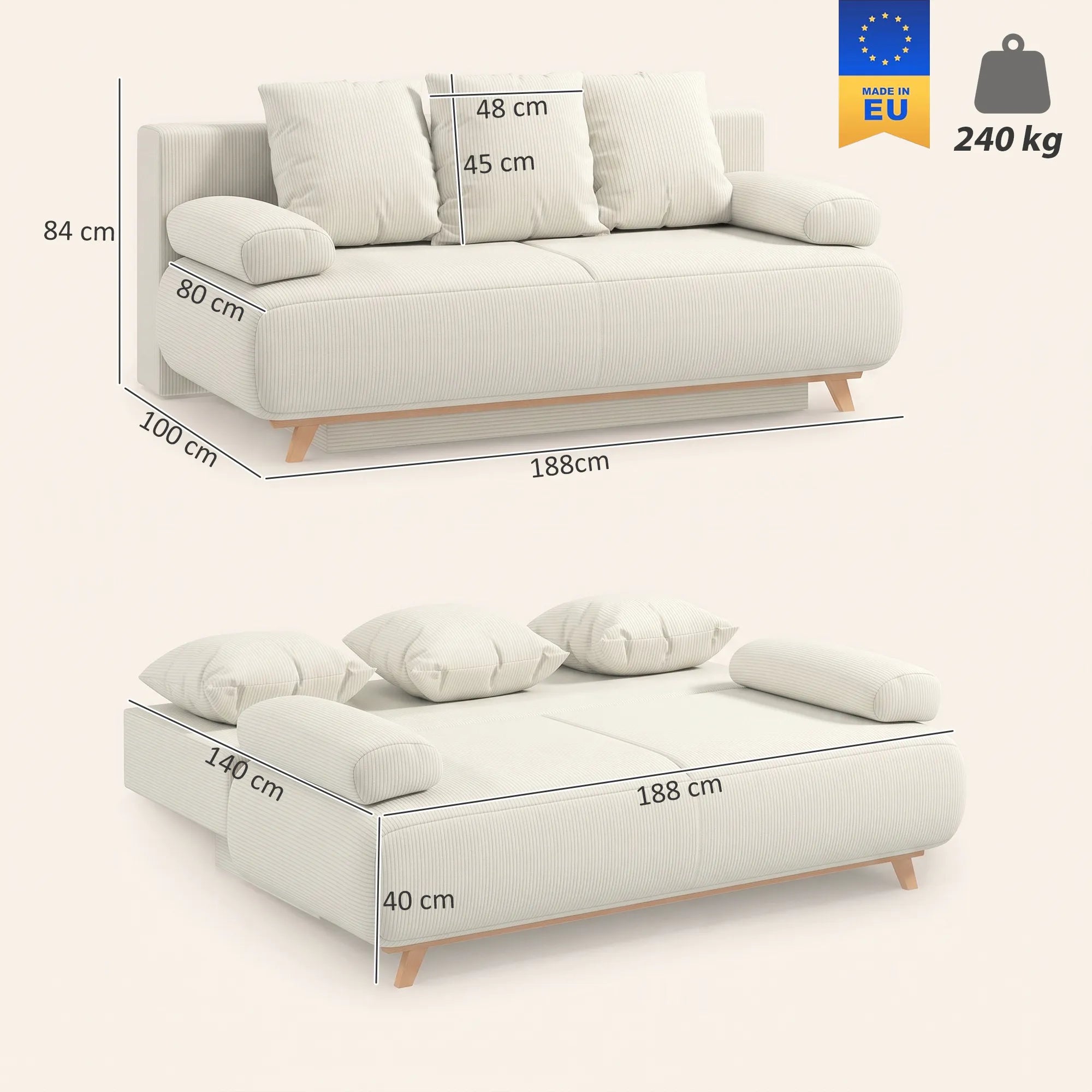 Išskleidžiama sofa-lova su patalynės dėže, smėlio spalvos