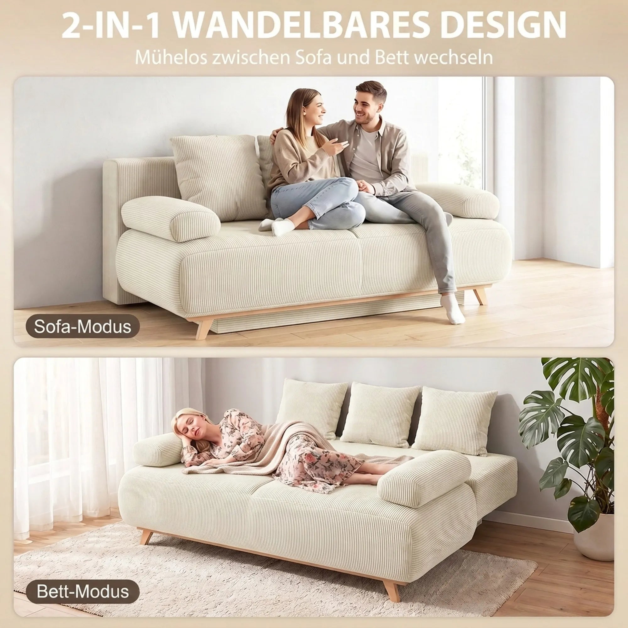 Išskleidžiama sofa-lova su patalynės dėže, smėlio spalvos