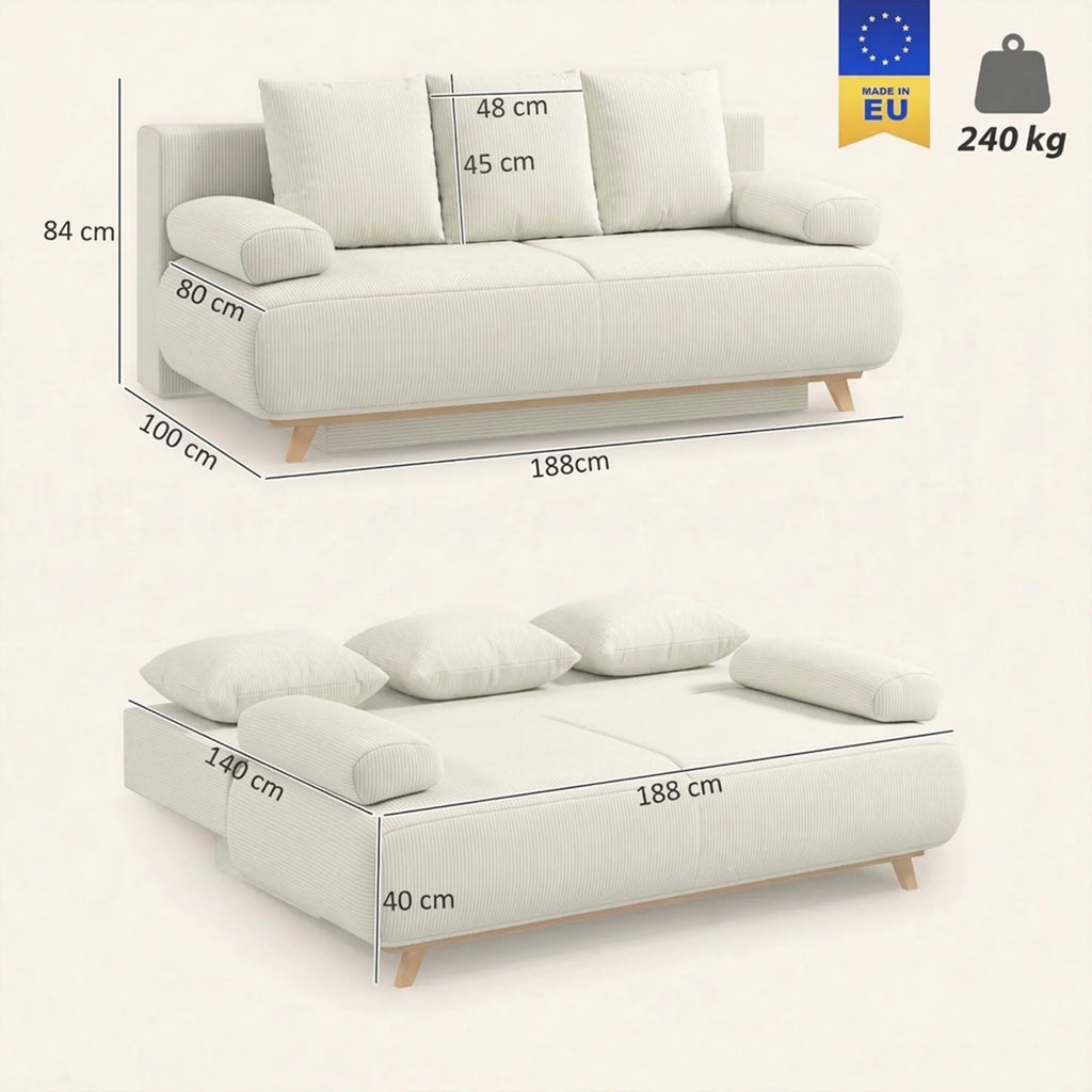 Išskleidžiama sofa-lova su patalynės dėže, smėlio spalvos