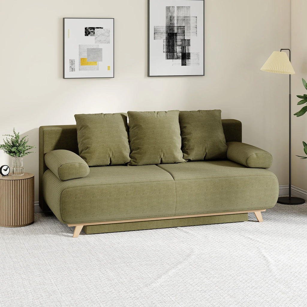 Išskleidžiama sofa-lova su patalynės dėže, tamsiai žalia