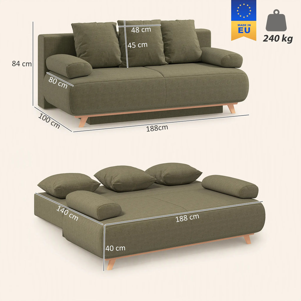 Išskleidžiama sofa-lova su patalynės dėže, tamsiai žalia