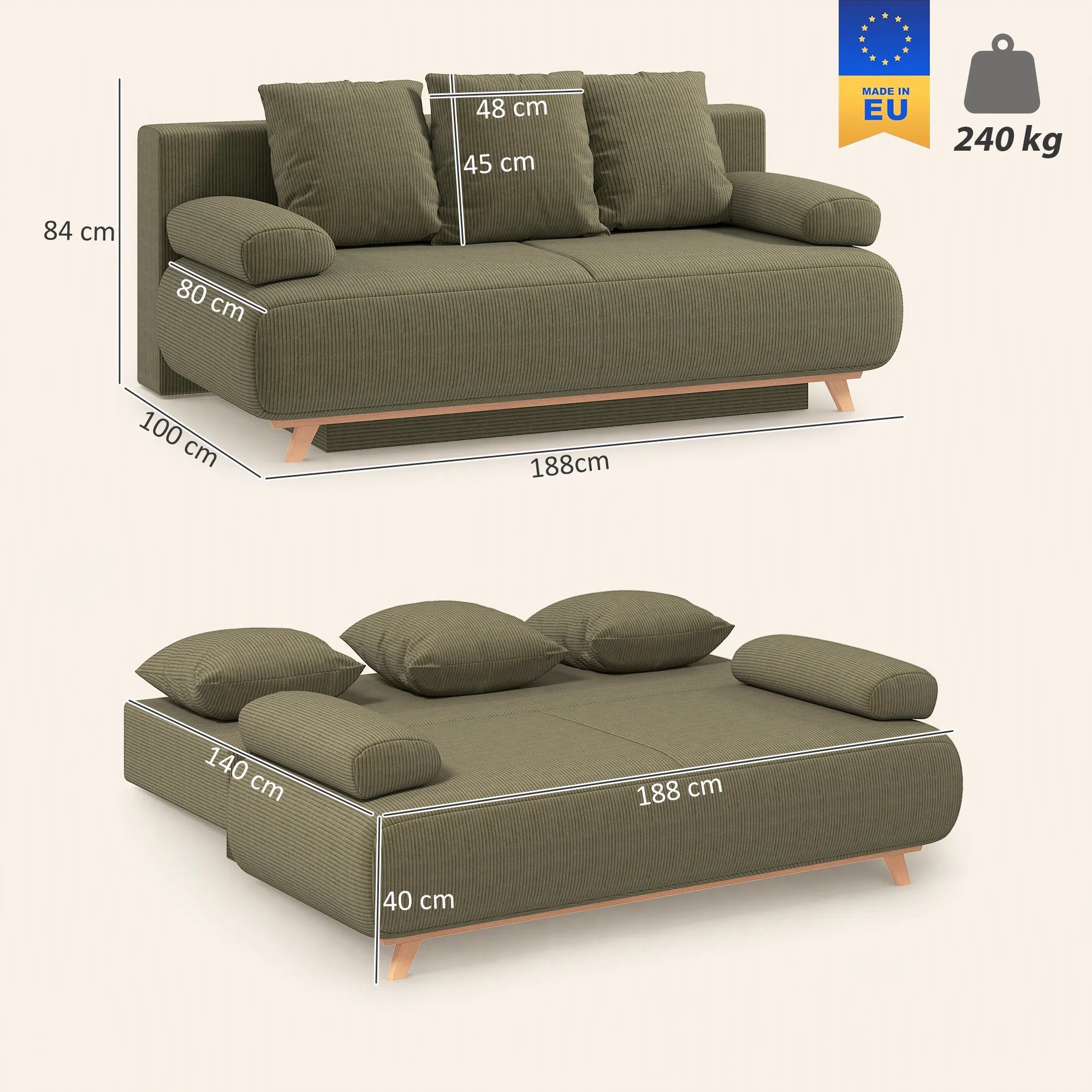 Išskleidžiama sofa-lova su patalynės dėže, tamsiai žalia