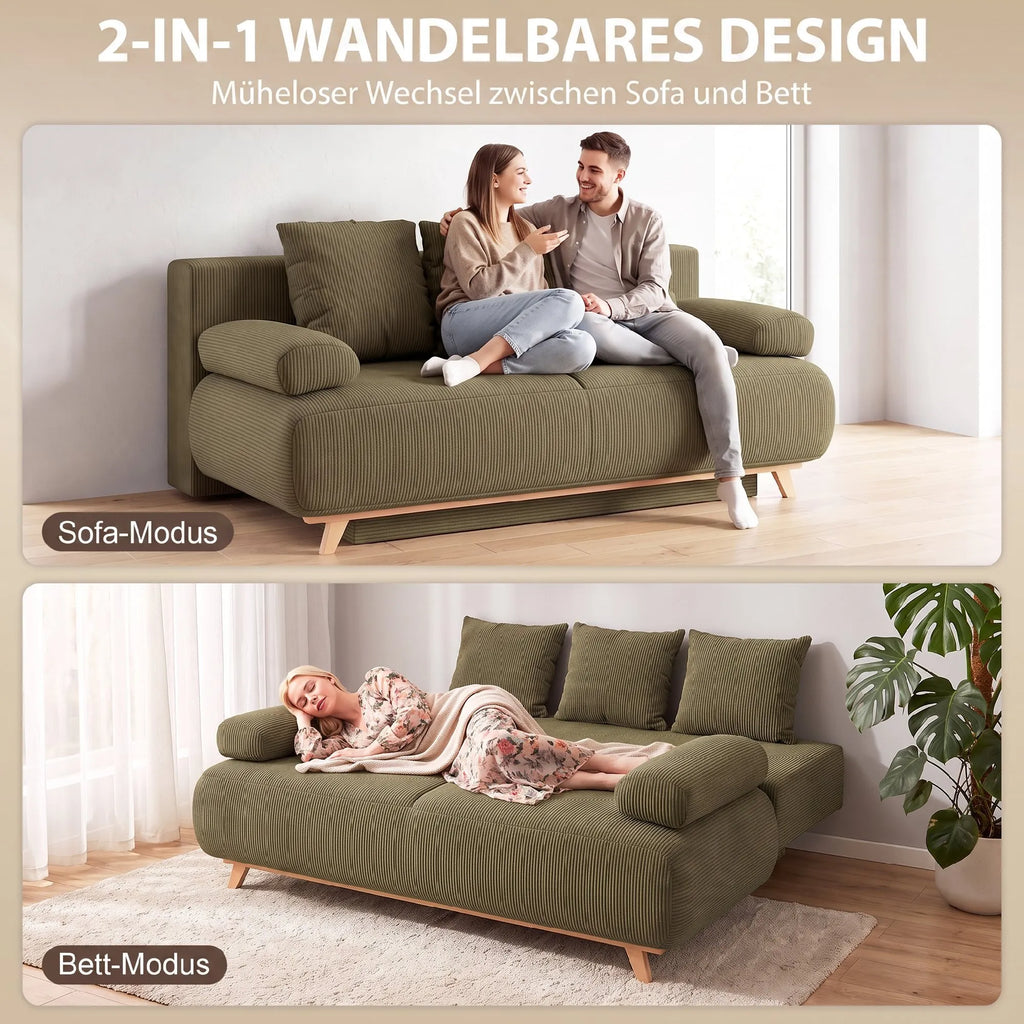 Išskleidžiama sofa-lova su patalynės dėže, tamsiai žalia