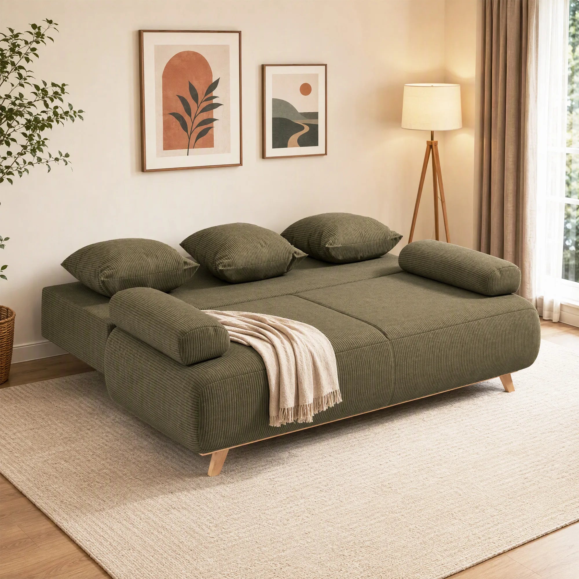 Išskleidžiama sofa-lova su patalynės dėže, tamsiai žalia
