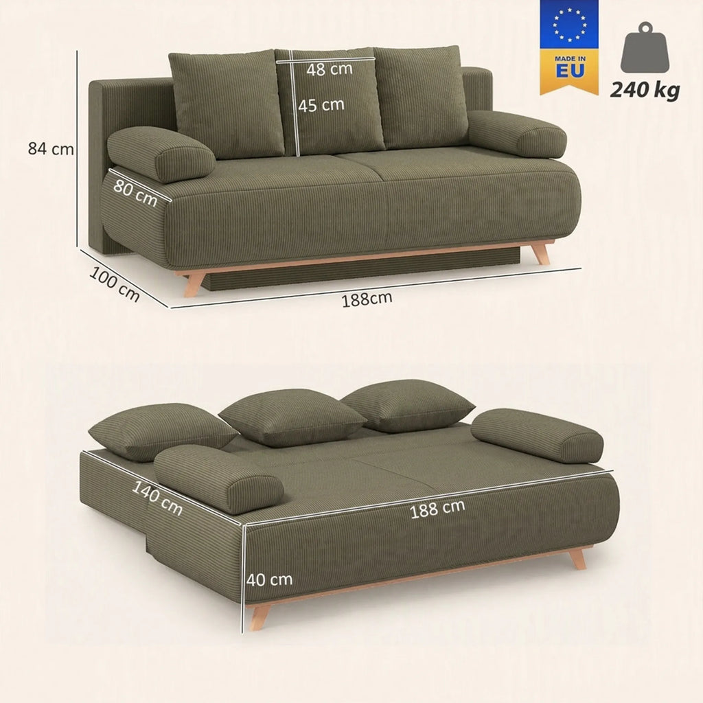 Išskleidžiama sofa-lova su patalynės dėže, tamsiai žalia