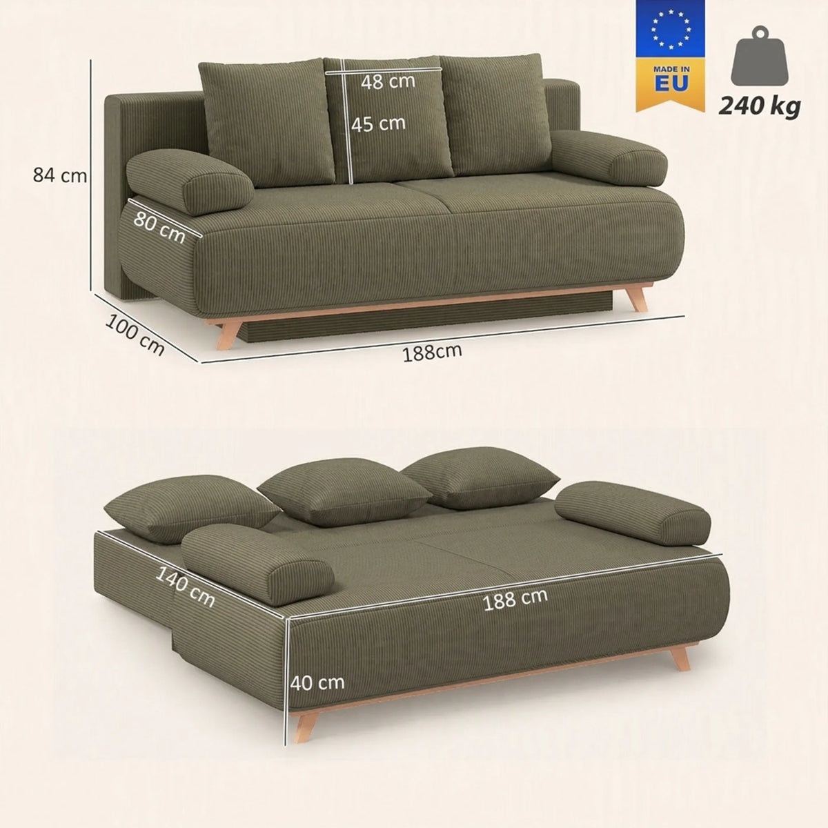 Išskleidžiama sofa-lova su patalynės dėže, tamsiai žalia