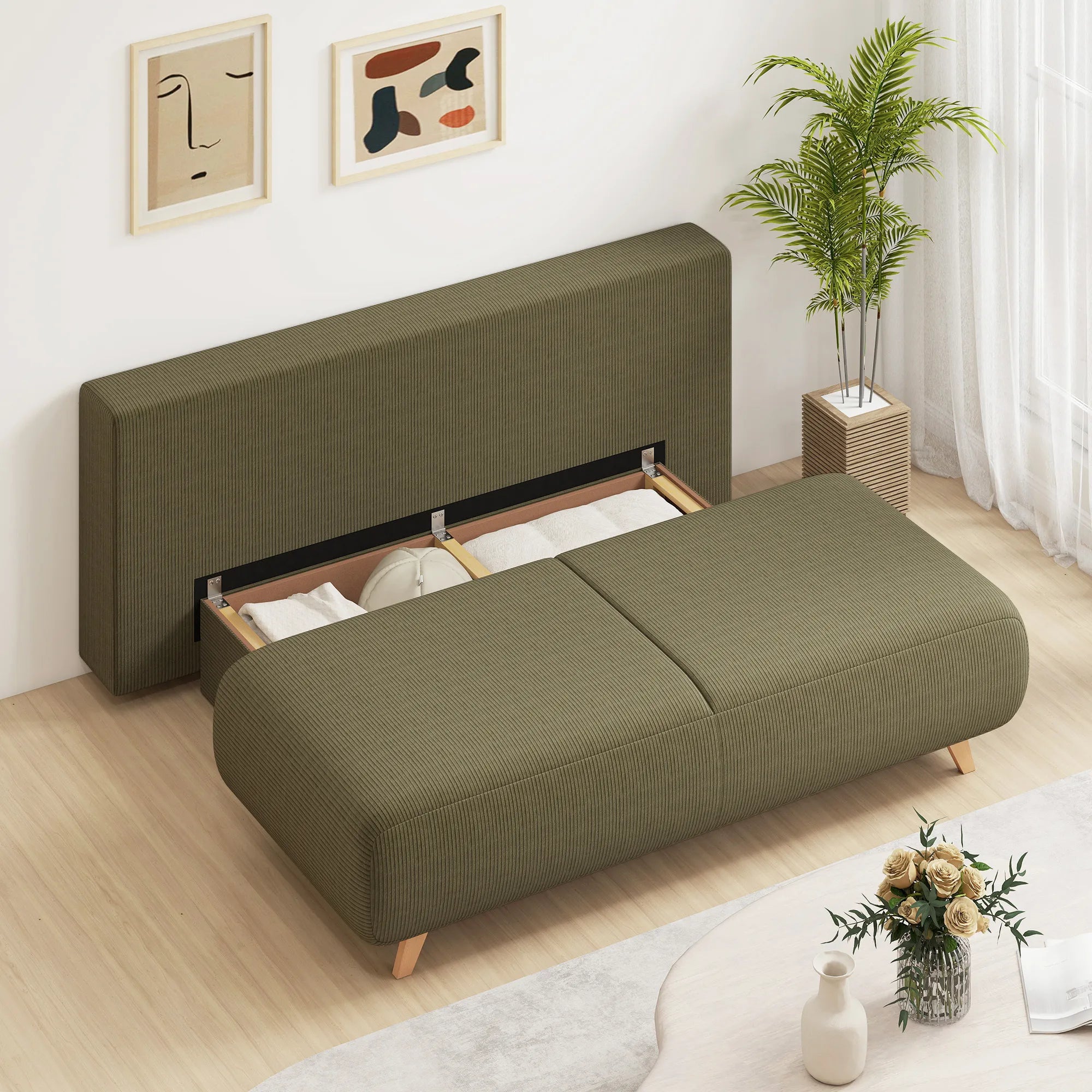 Išskleidžiama sofa-lova su patalynės dėže, tamsiai žalia