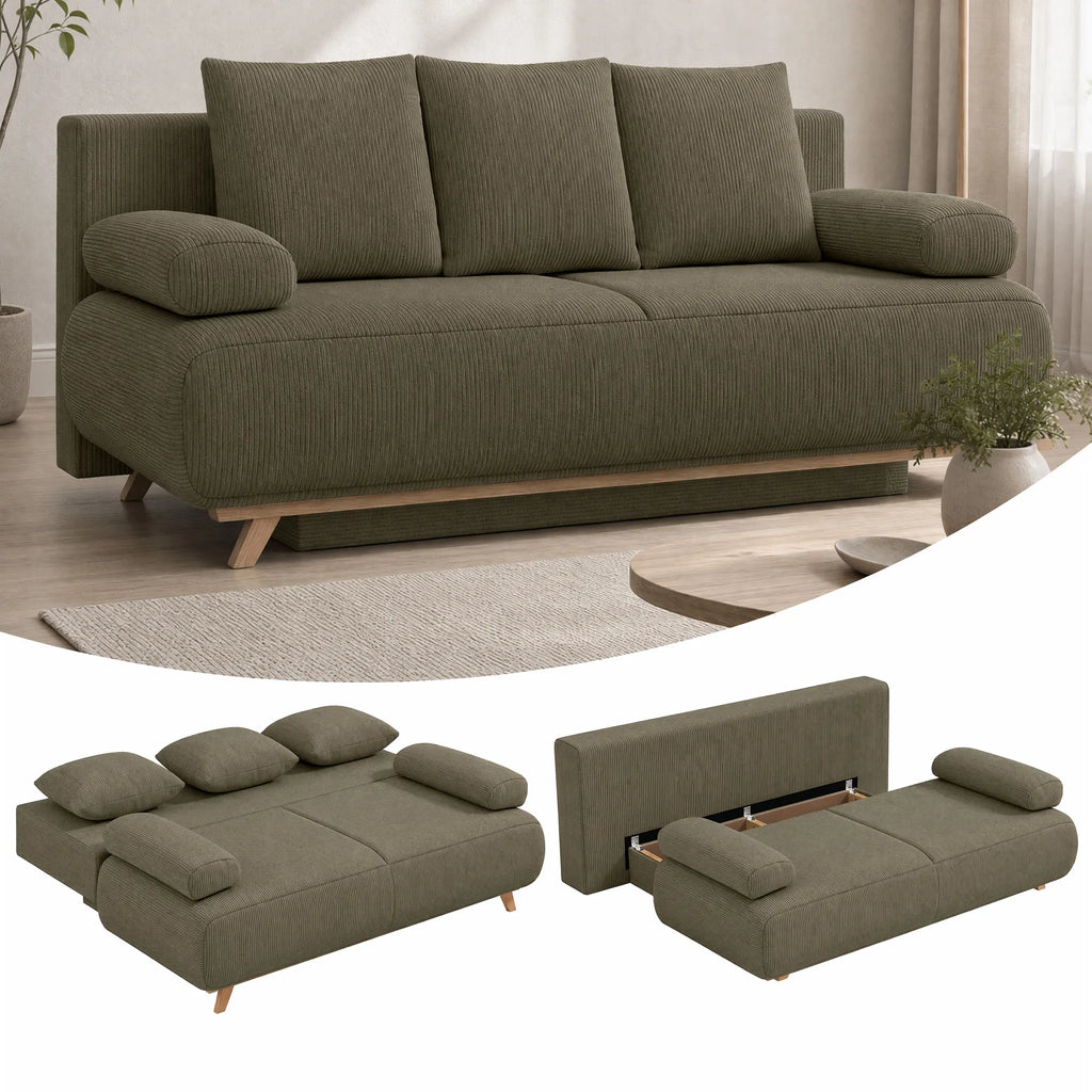 Išskleidžiama sofa-lova su patalynės dėže, tamsiai žalia