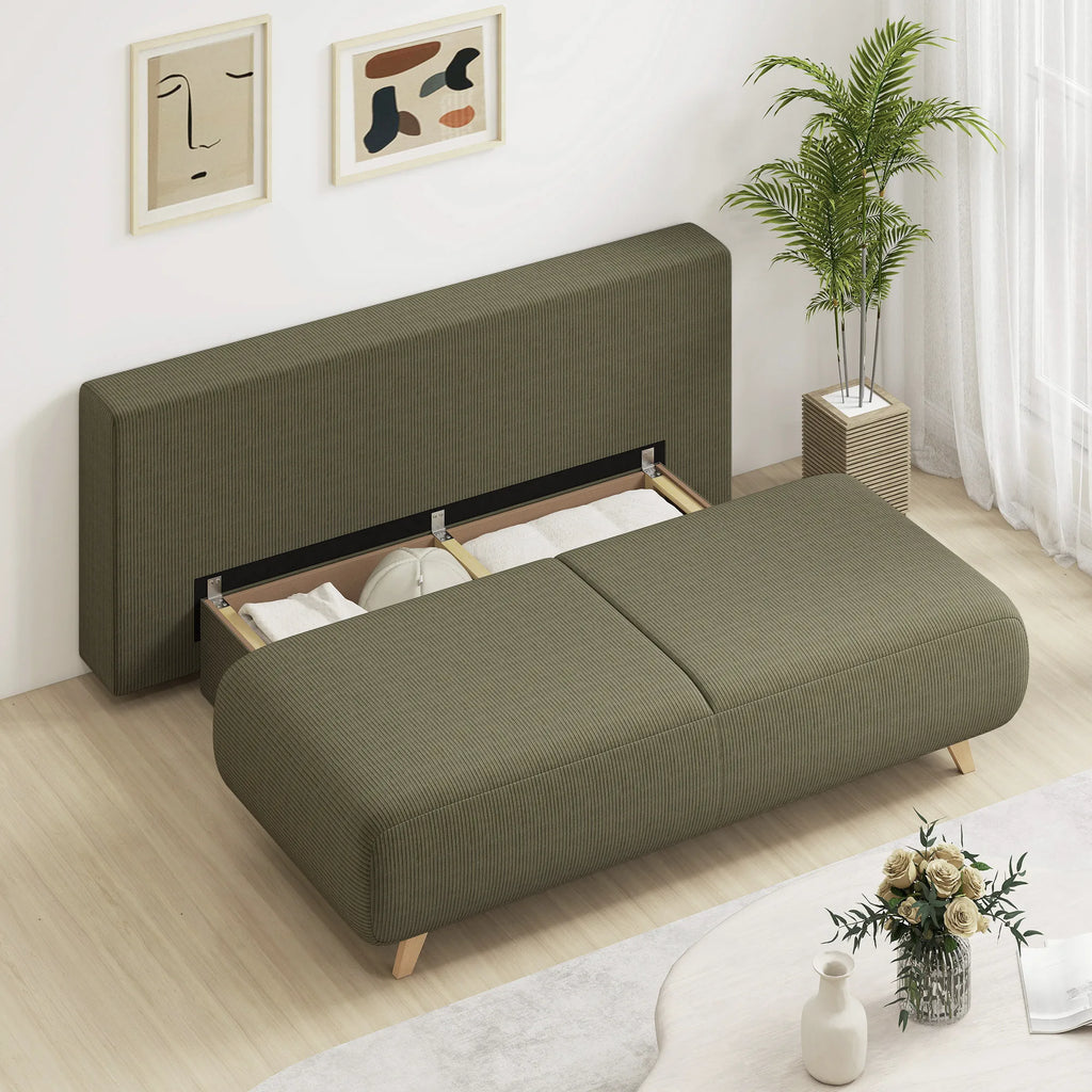 Išskleidžiama sofa-lova su patalynės dėže, tamsiai žalia