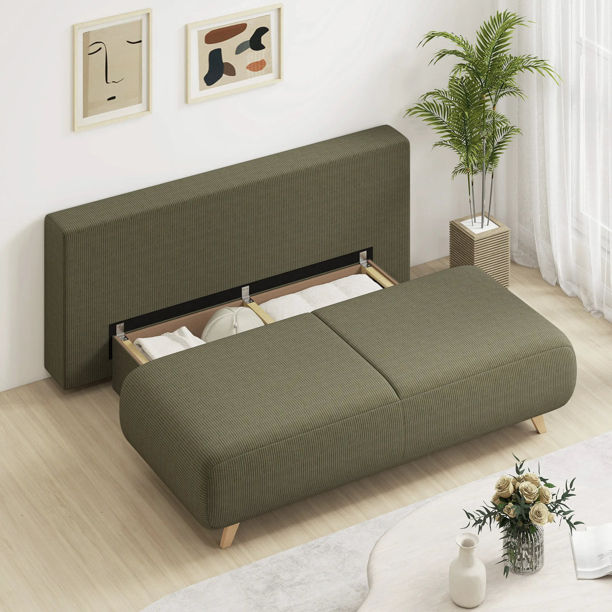 Išskleidžiama sofa-lova su patalynės dėže, tamsiai žalia