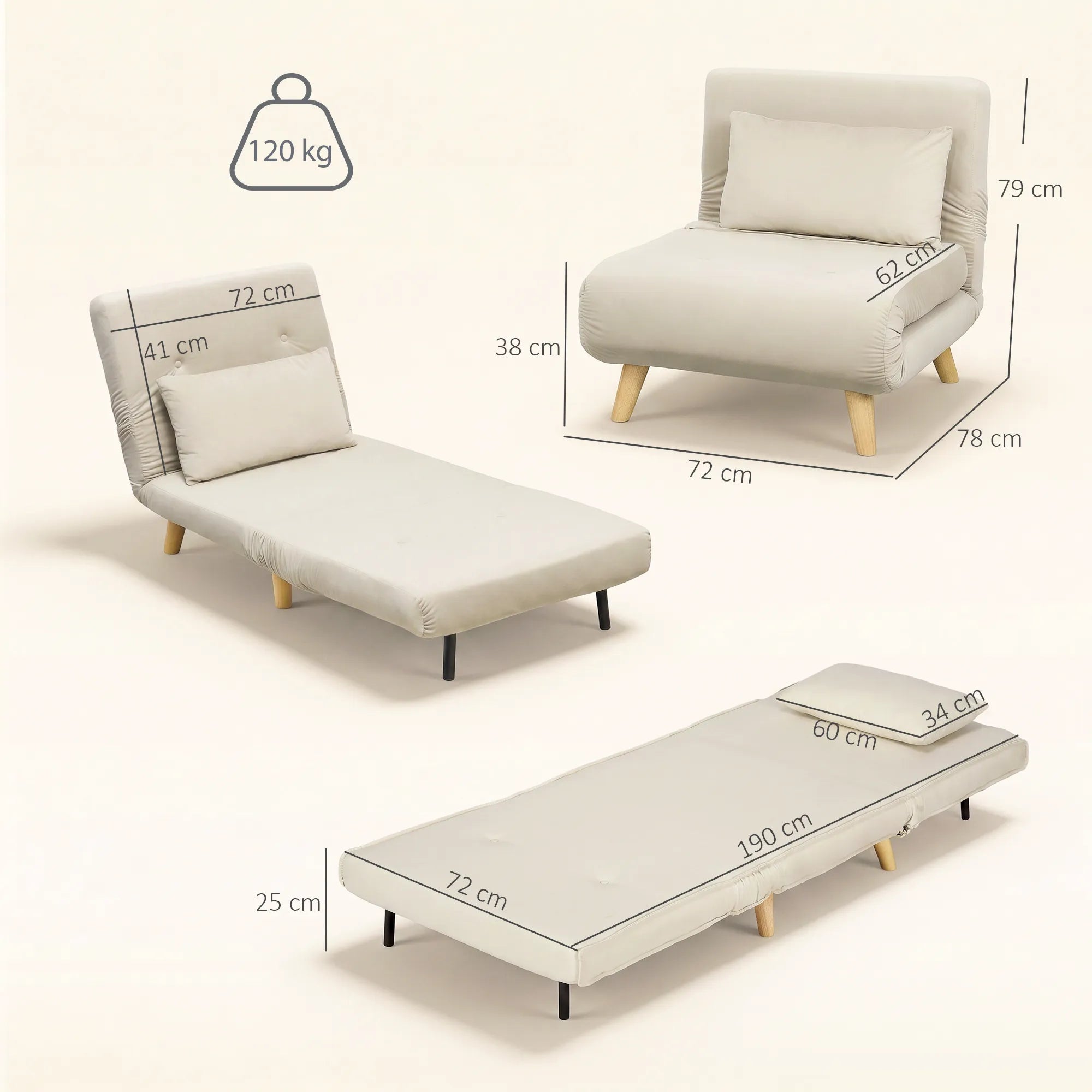Išskleidžiamas fotelis lova, 3-in-1, 72 cm, smėlio spalvos