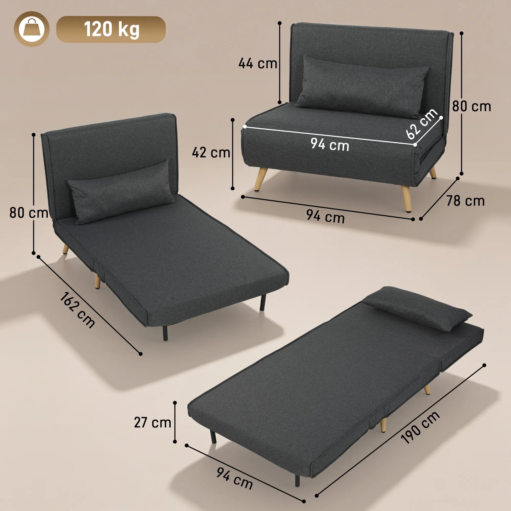Išskleidžiamas fotelis lova, 3-in-1 reguliuojamas, 120 kg, pilkas