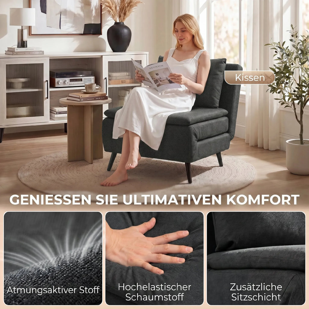 Moteris geria kavą fotelyje, greta audinio faktūros ir porolono detalės