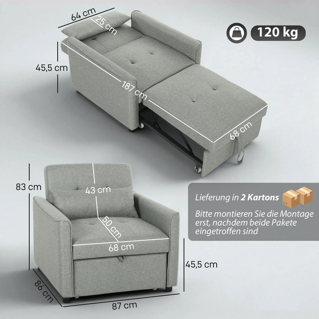 Išskleidžiamas fotelis lova 3 viename, reguliuojamas, iki 120 kg, pilkas