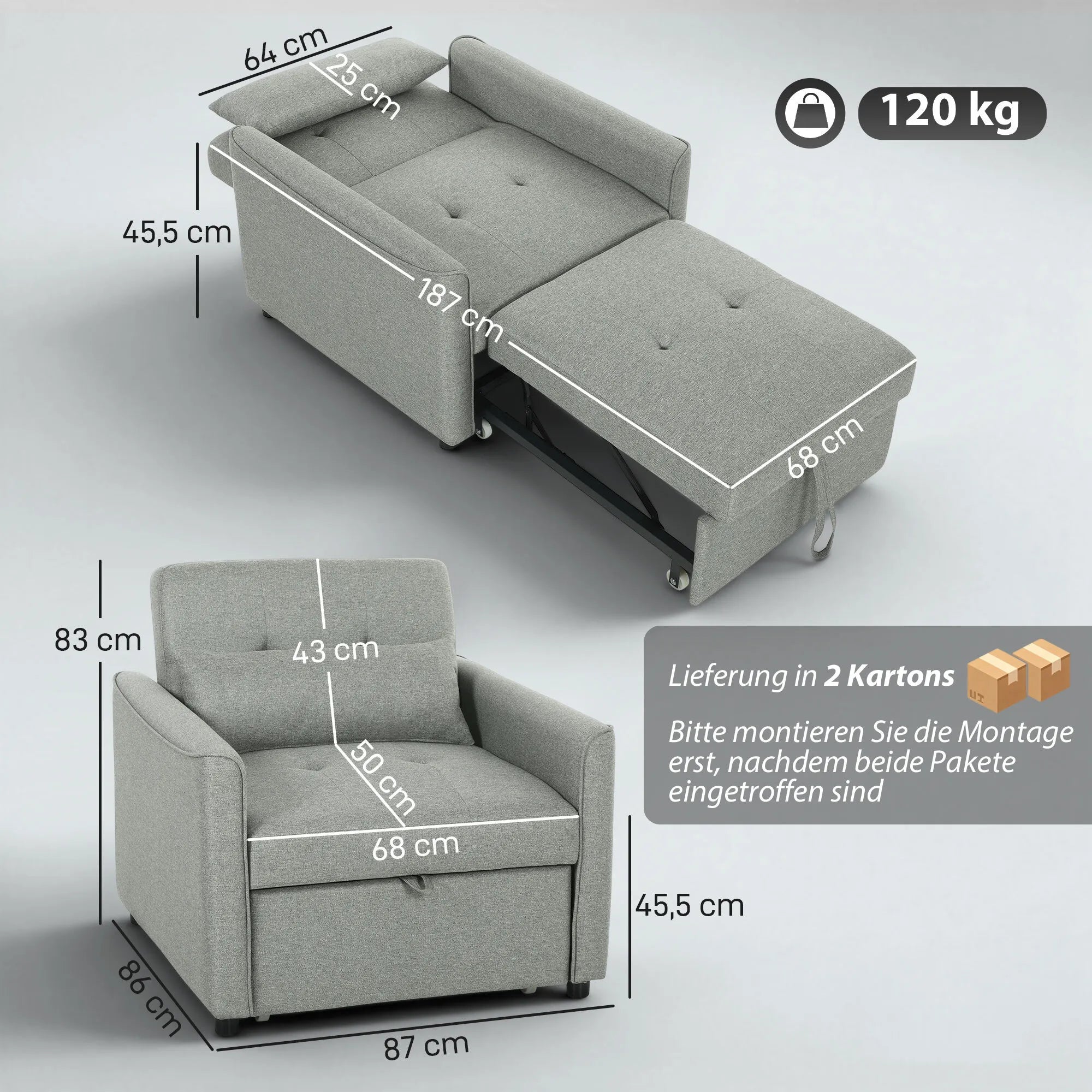 Išskleidžiamas fotelis lova 3 viename, reguliuojamas, iki 120 kg, pilkas