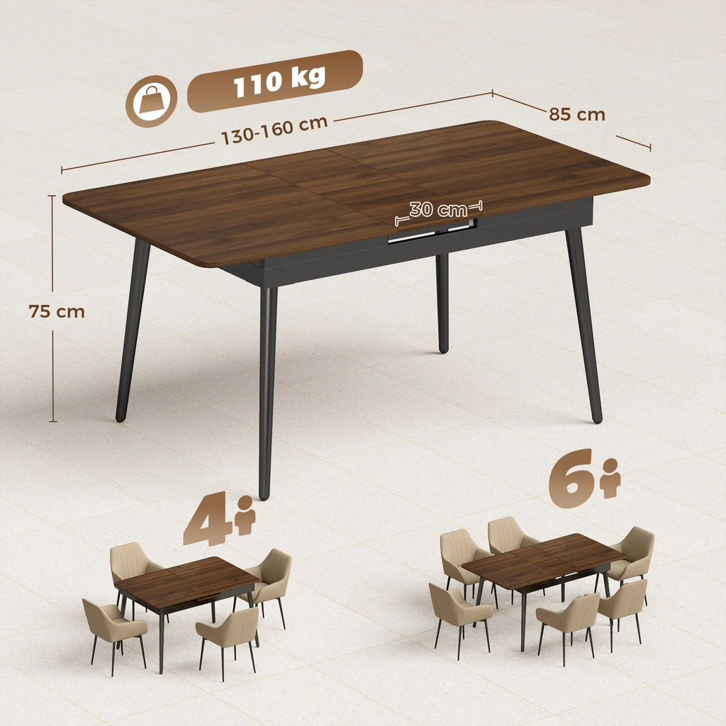 Valgomojo stalo matmenų schema: 130-160 cm ilgis, 85 cm plotis, 75 cm aukštis