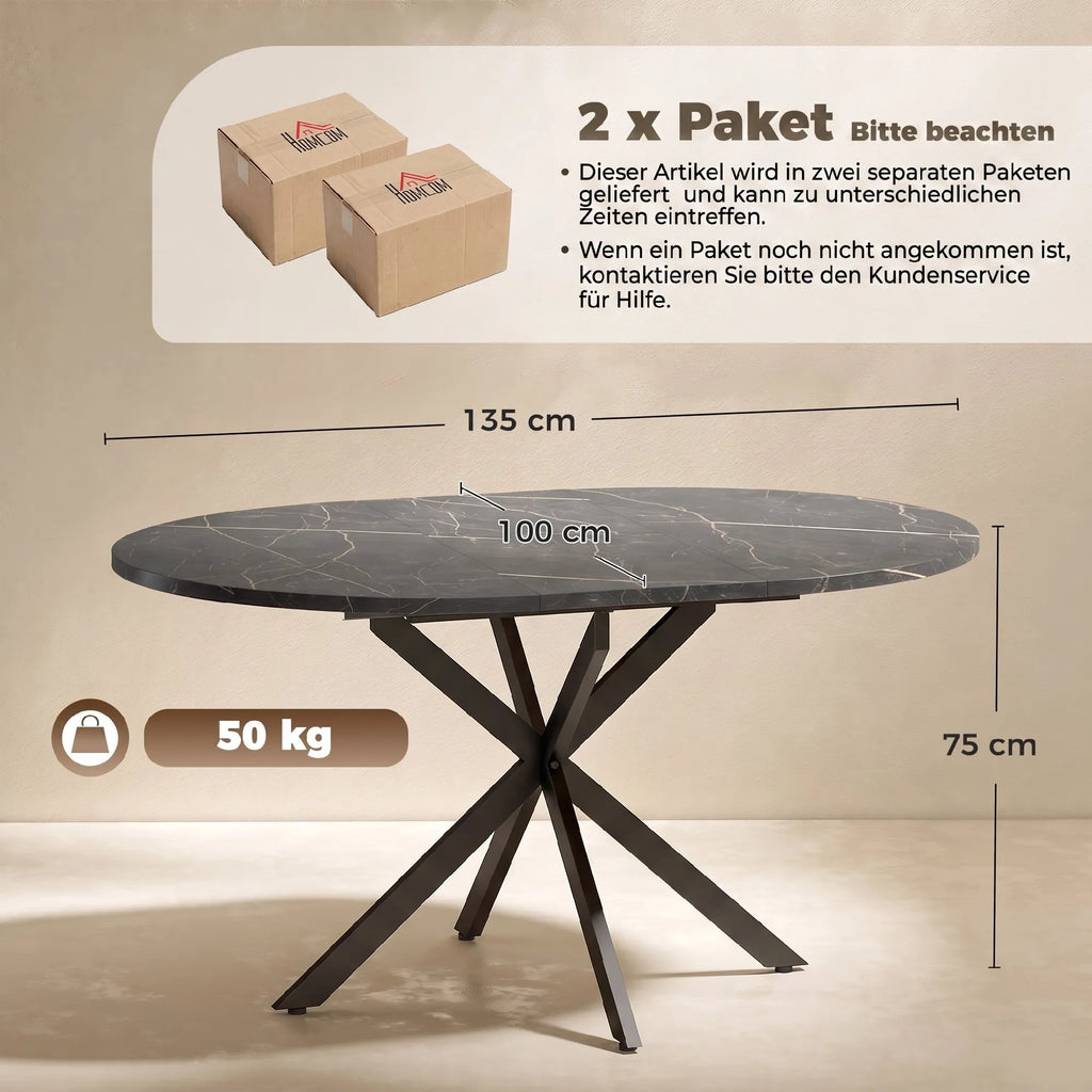 Stalo matmenų schema centimetrais: 135 x 100 x 75 cm, svoris 50 kg
