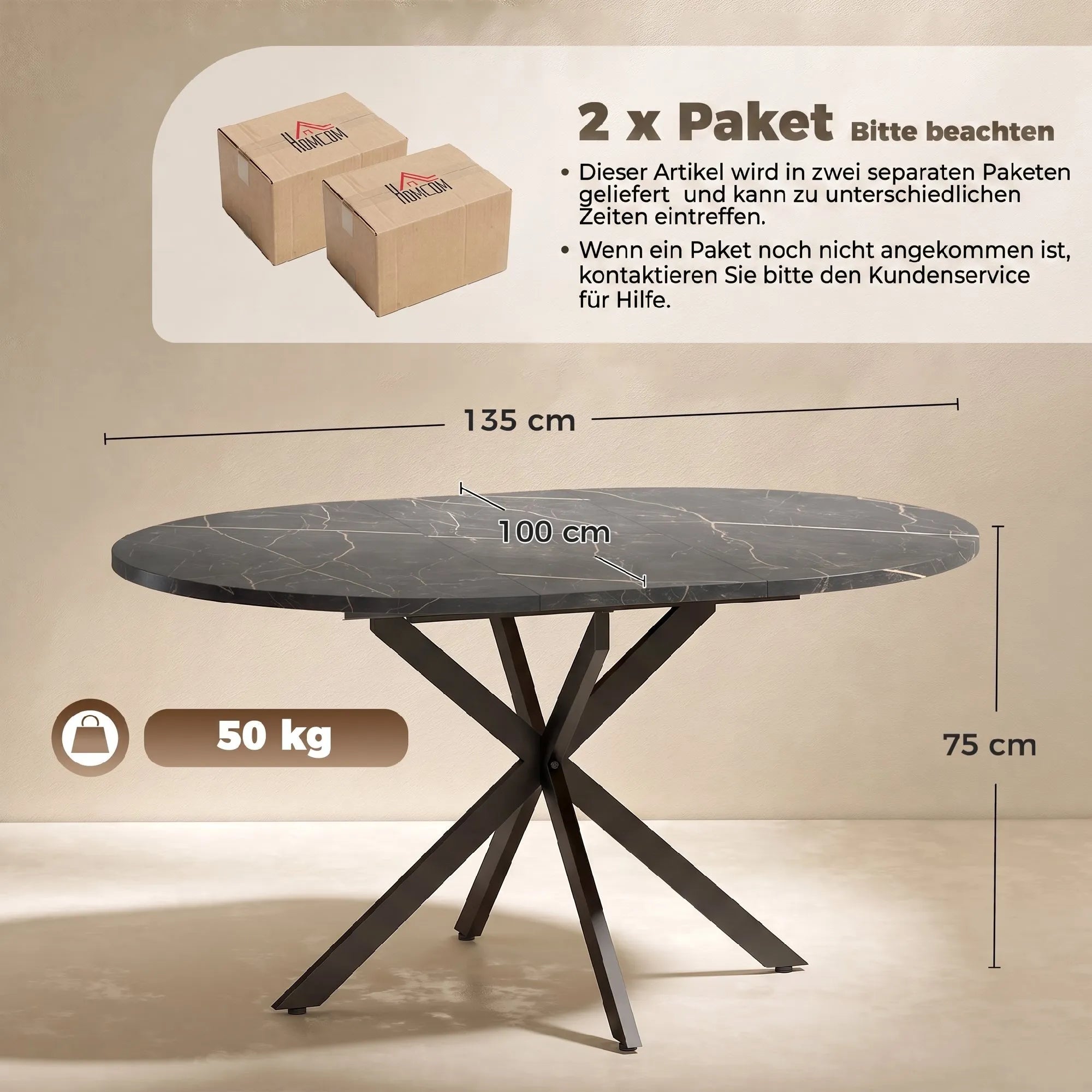 Stalo matmenų schema centimetrais: 135 x 100 x 75 cm, svoris 50 kg